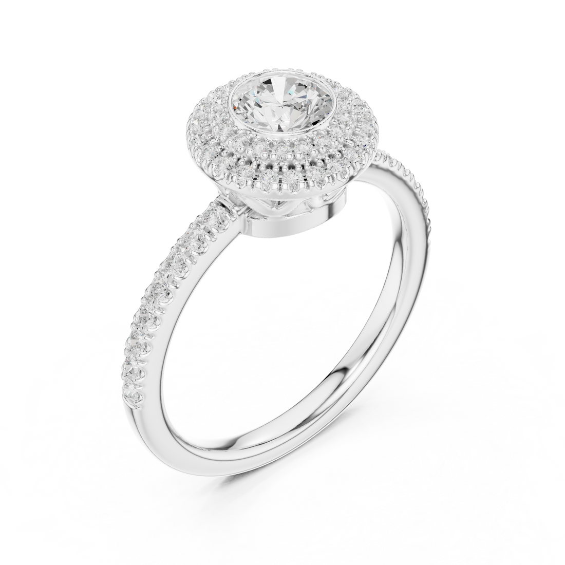 Elegant Double Halo Diamond Ring, White Gold Engagement Ring, Round Cut Pave Band Ring, Wedding Jewelry for Women