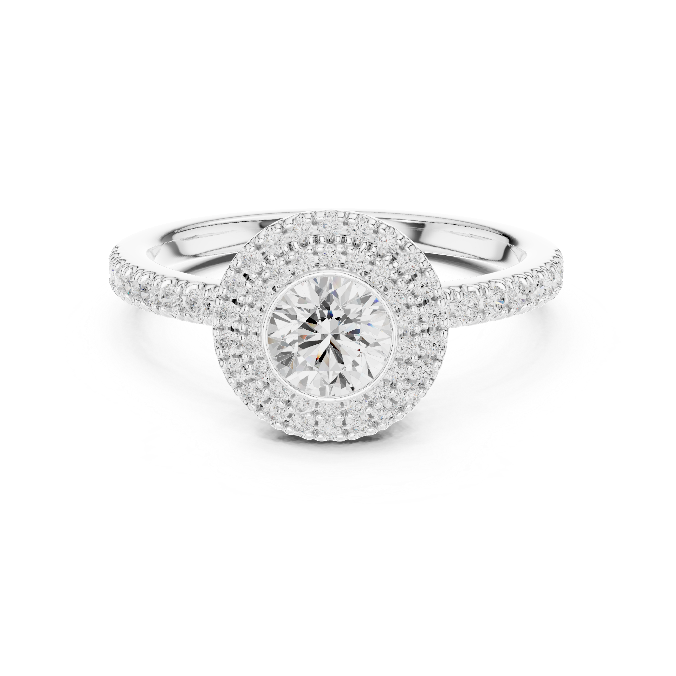 Elegant Double Halo Diamond Ring, White Gold Engagement Ring, Round Cut Pave Band Ring, Wedding Jewelry for Women