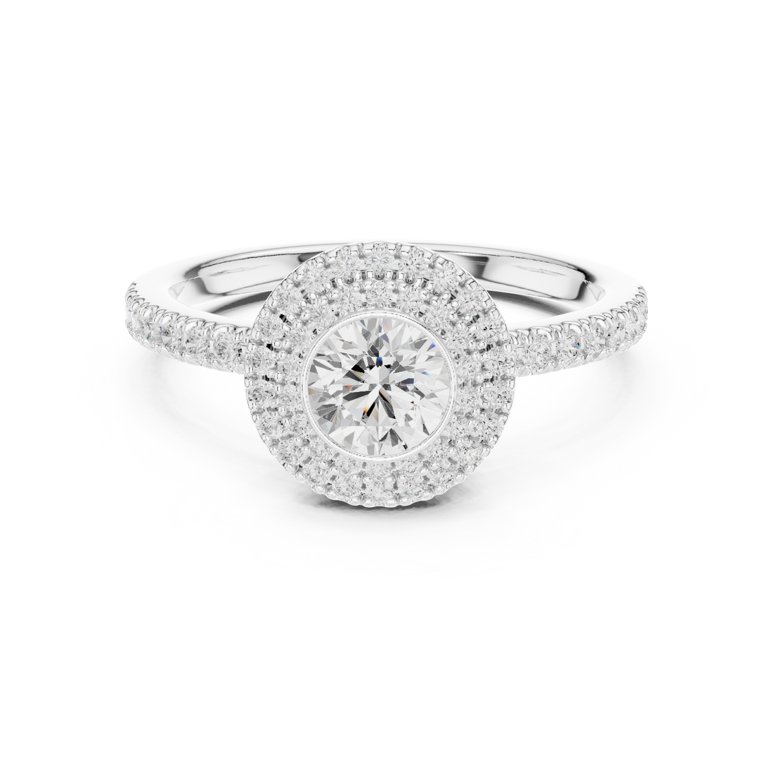 Elegant Double Halo Diamond Ring, White Gold Engagement Ring, Round Cut Pave Band Ring, Wedding Jewelry for Women