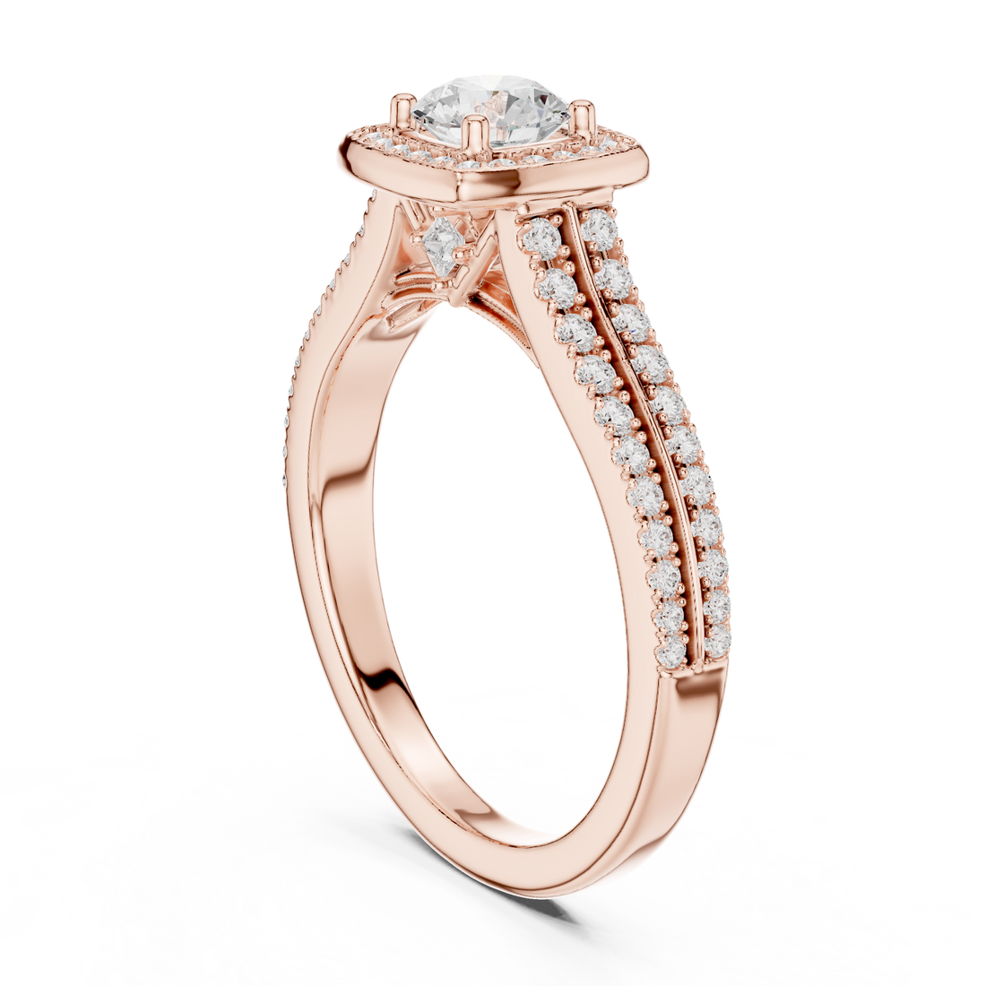 White Gold Round Halo Diamond Ring with Double Pave Band