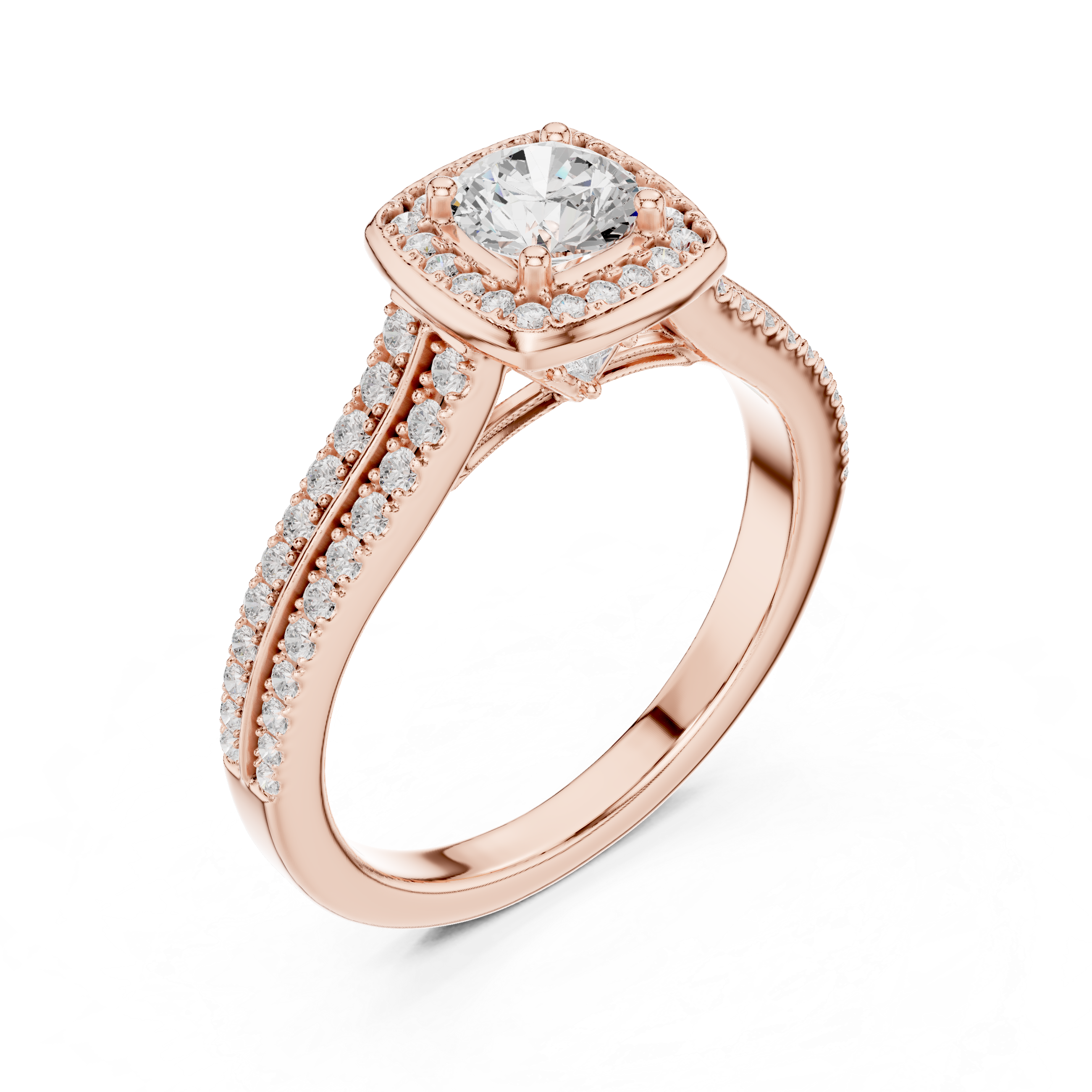 White Gold Round Halo Diamond Ring with Double Pave Band