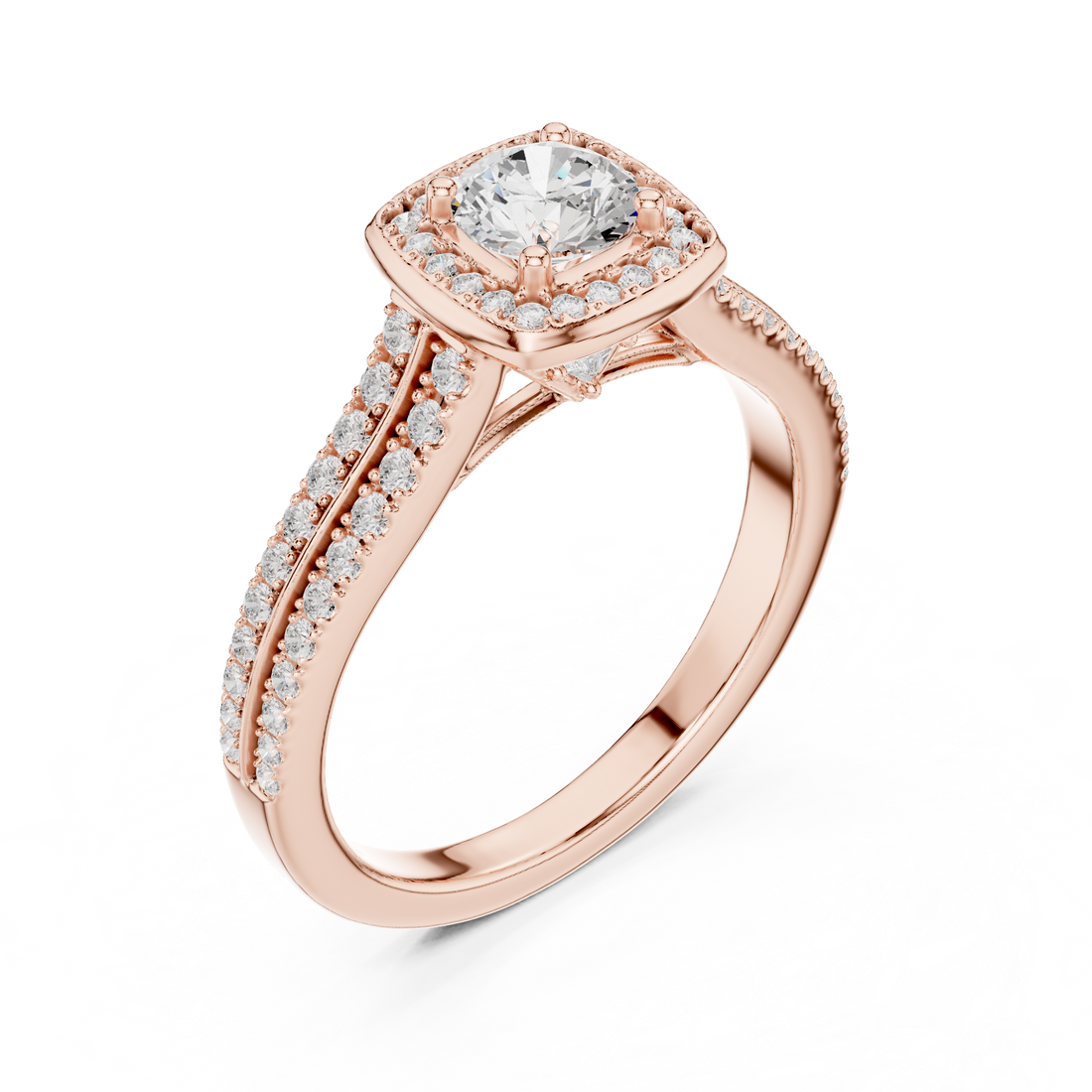 White Gold Round Halo Diamond Ring with Double Pave Band