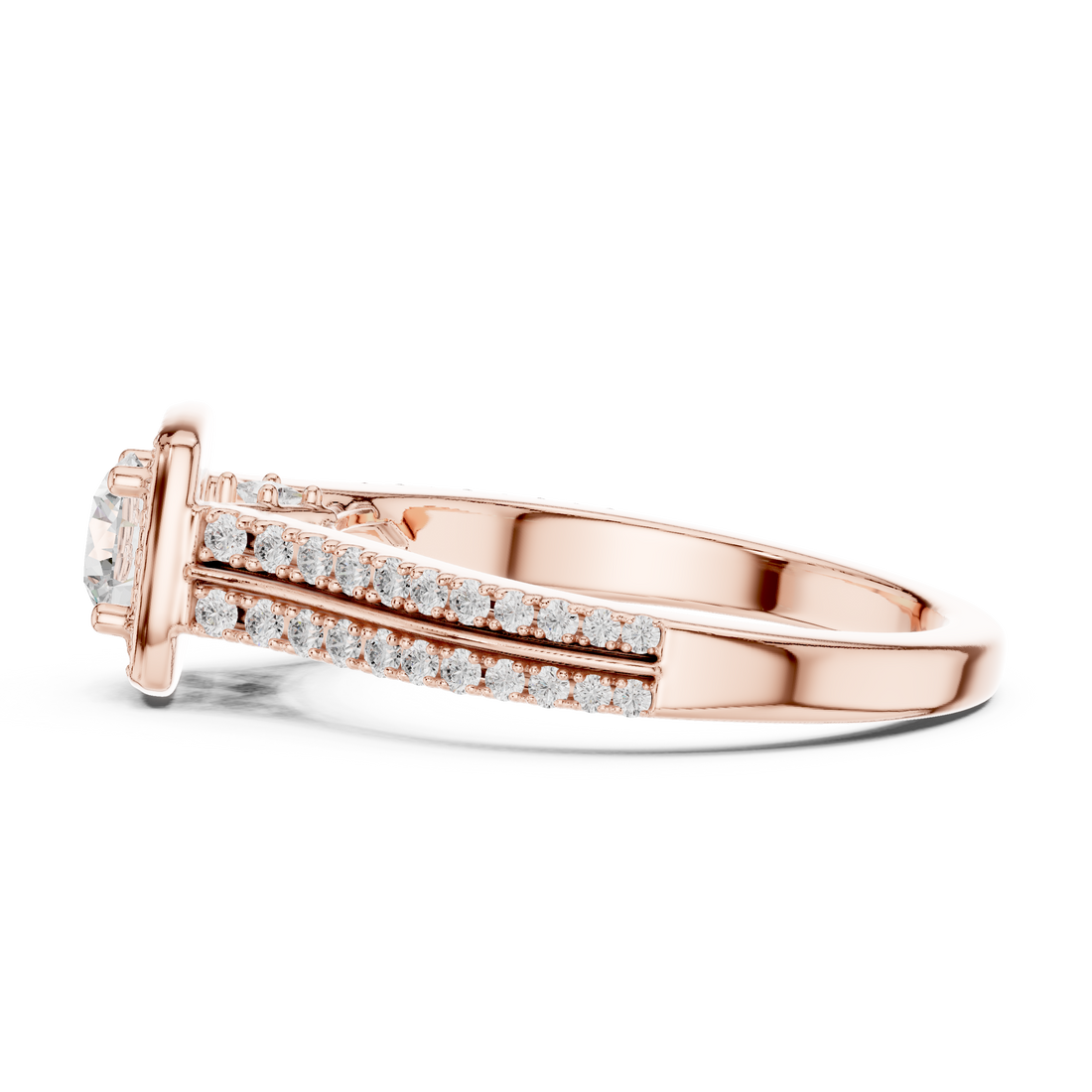 White Gold Round Halo Diamond Ring with Double Pave Band