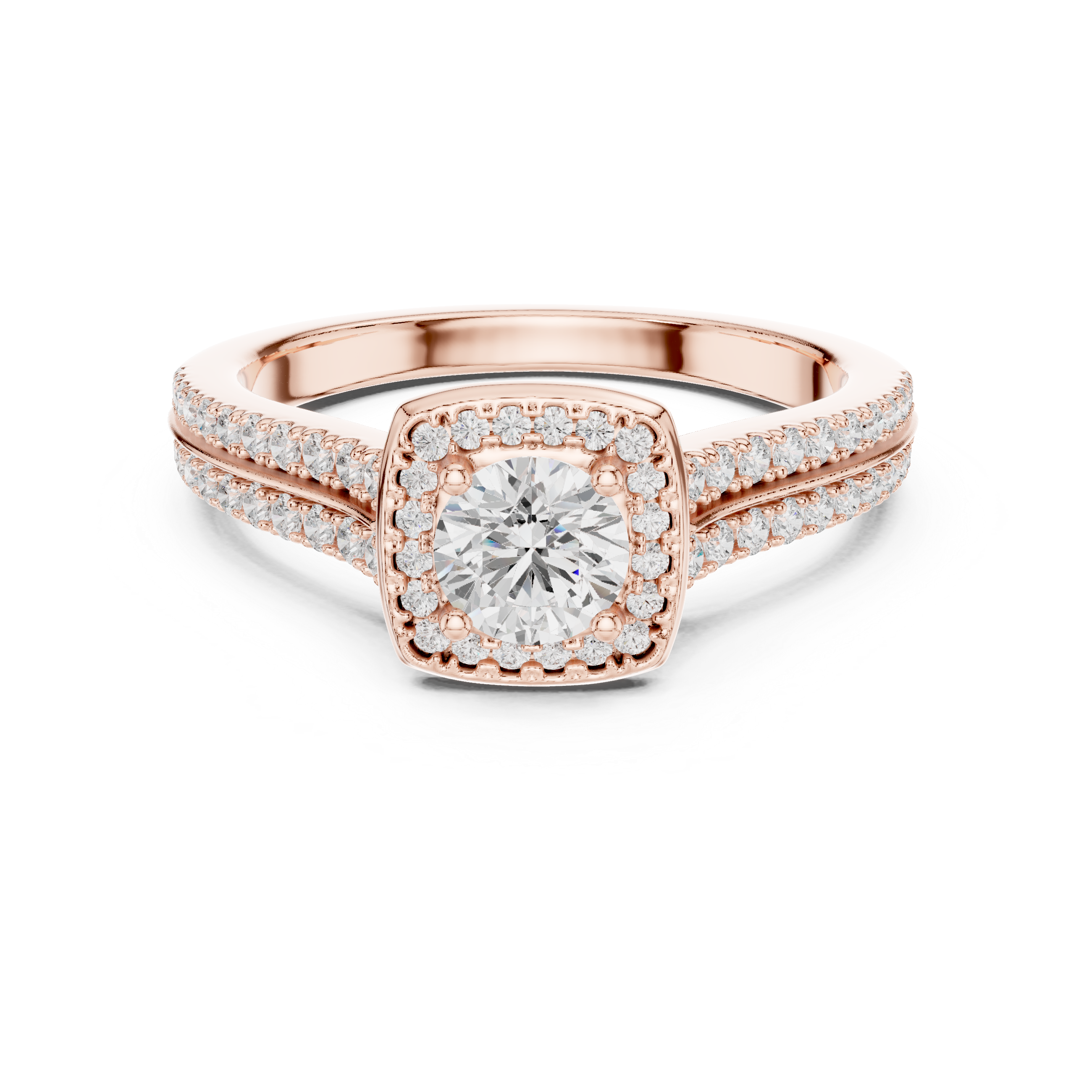 White Gold Round Halo Diamond Ring with Double Pave Band