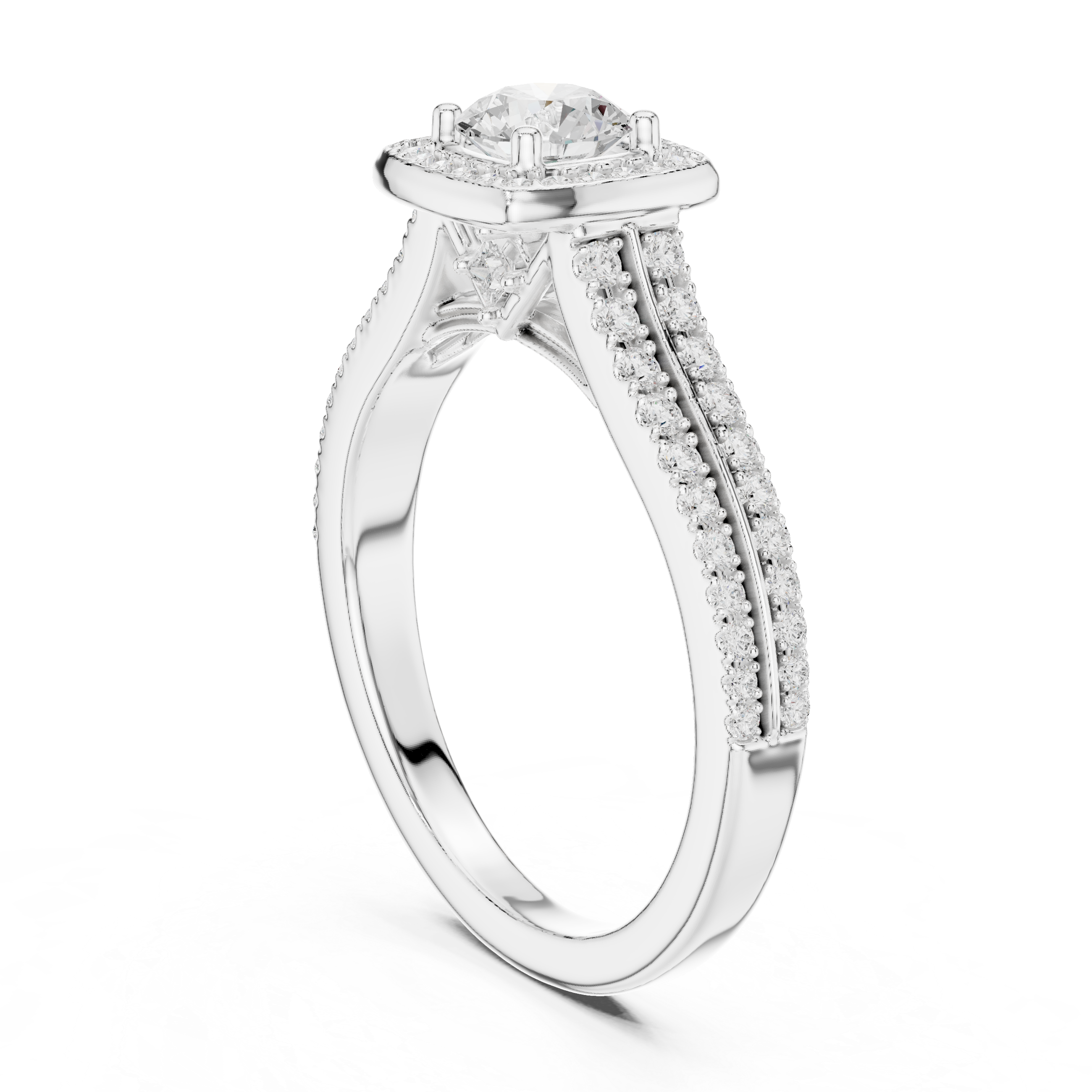 White Gold Round Halo Diamond Ring with Double Pave Band