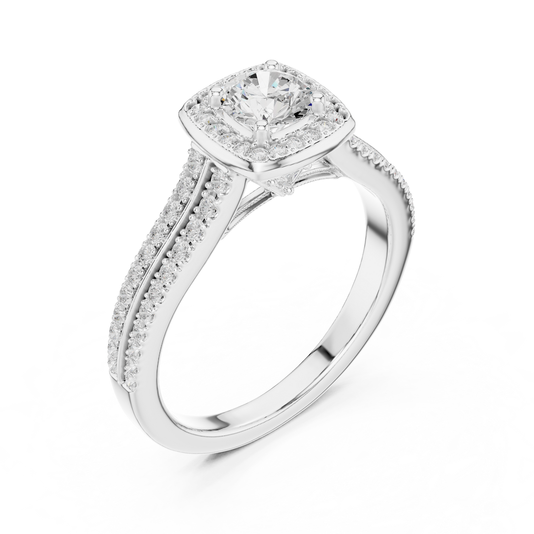 White Gold Round Halo Diamond Ring with Double Pave Band