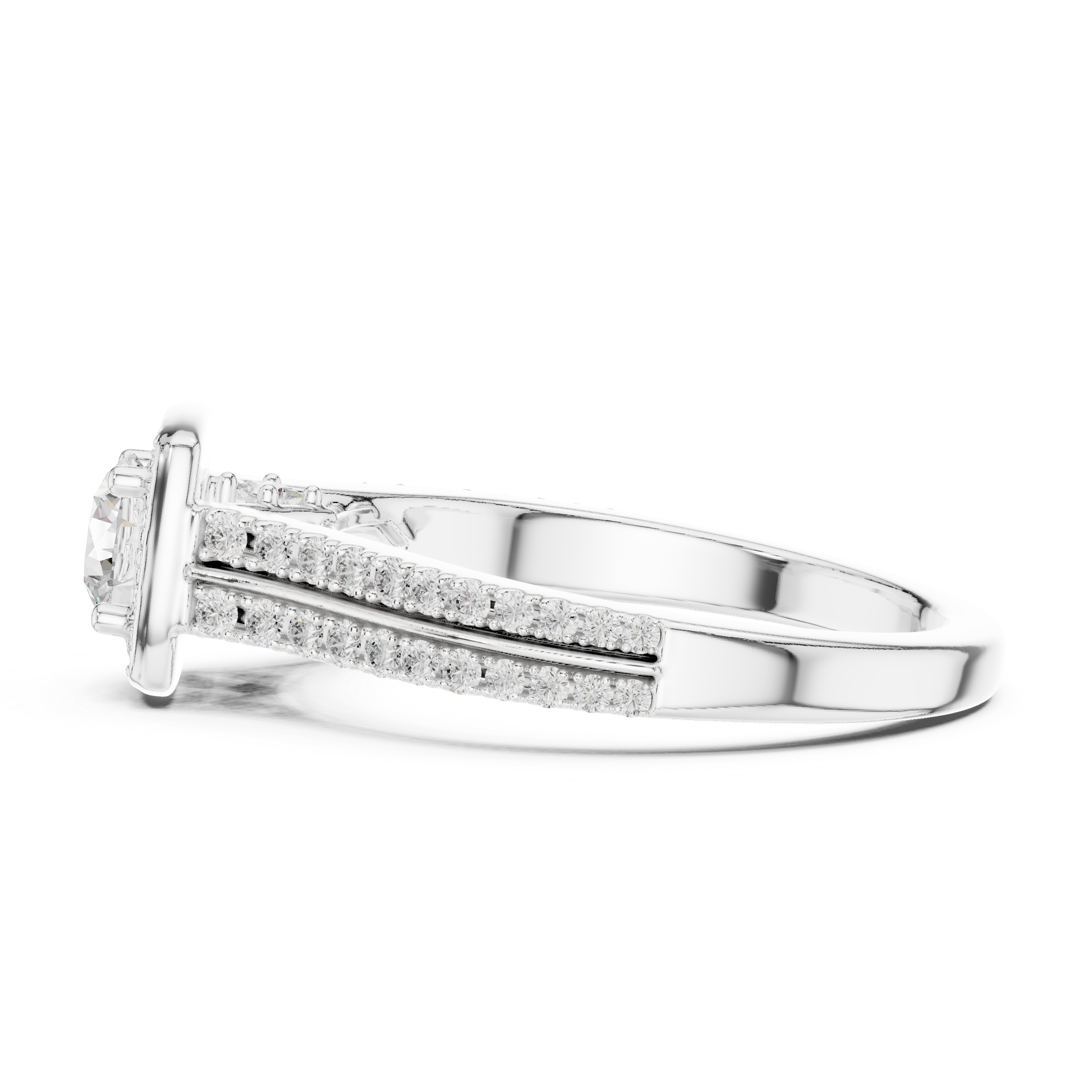 White Gold Round Halo Diamond Ring with Double Pave Band