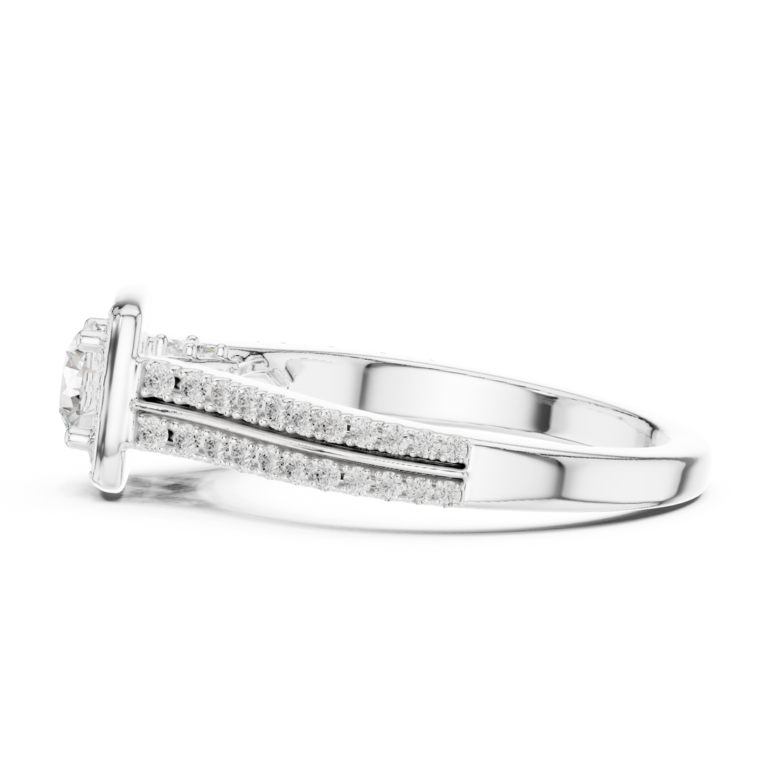 White Gold Round Halo Diamond Ring with Double Pave Band