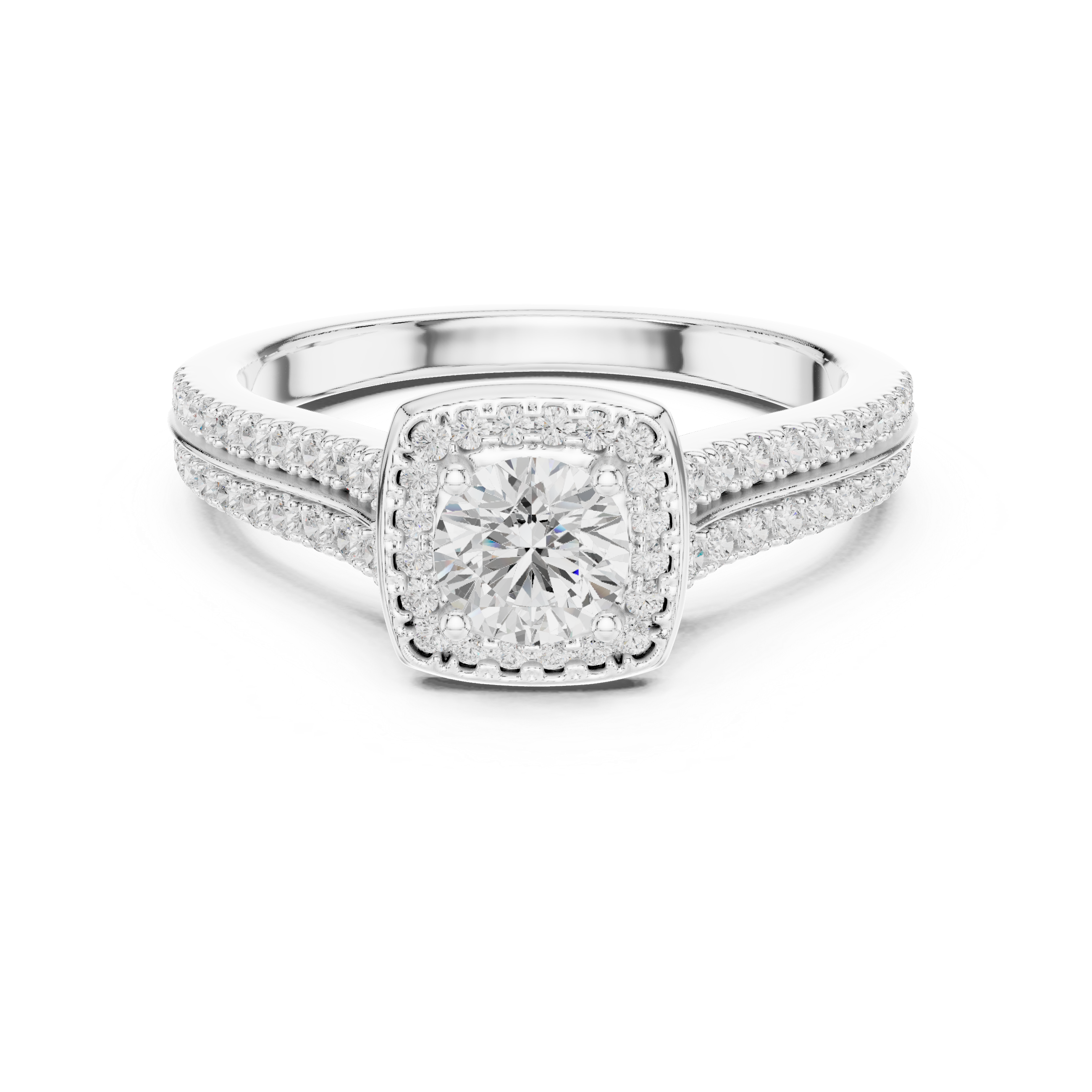 White Gold Round Halo Diamond Ring with Double Pave Band