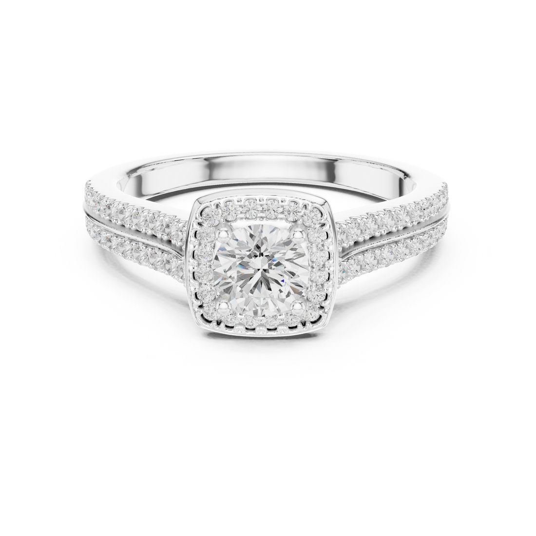 White Gold Round Halo Diamond Ring with Double Pave Band