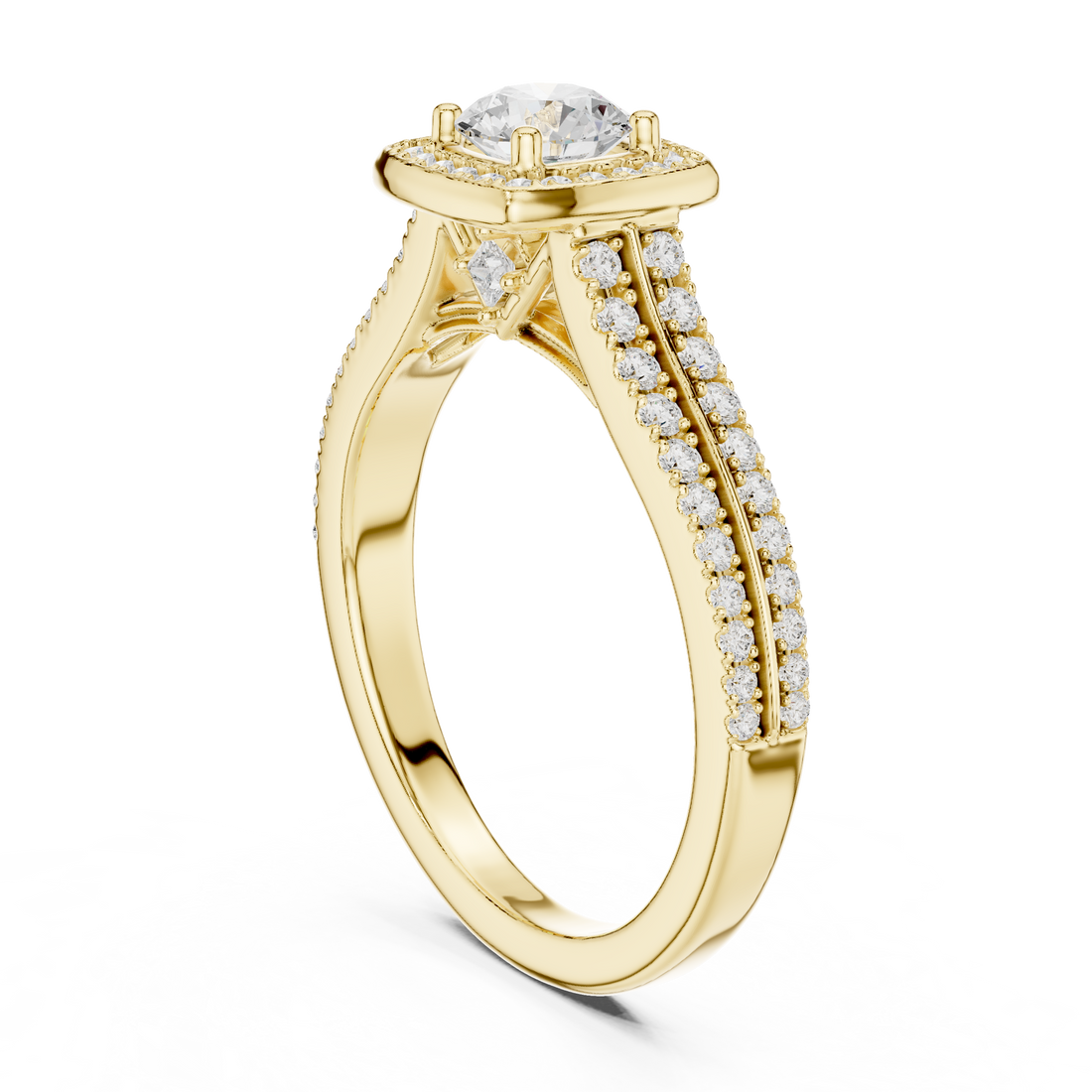 White Gold Round Halo Diamond Ring with Double Pave Band