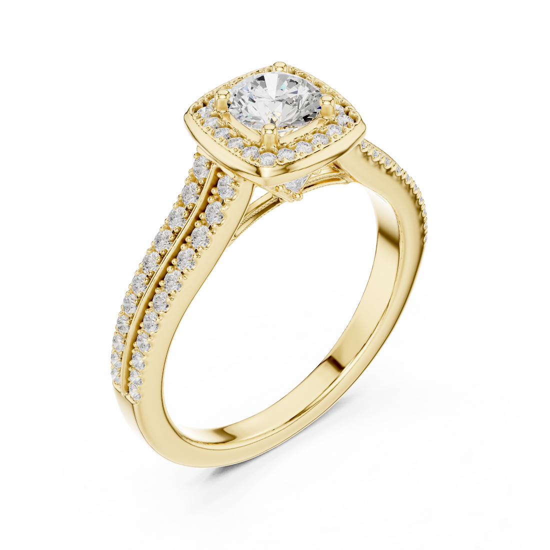 White Gold Round Halo Diamond Ring with Double Pave Band