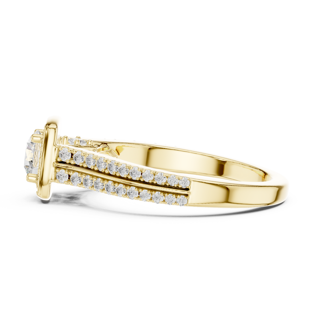 White Gold Round Halo Diamond Ring with Double Pave Band