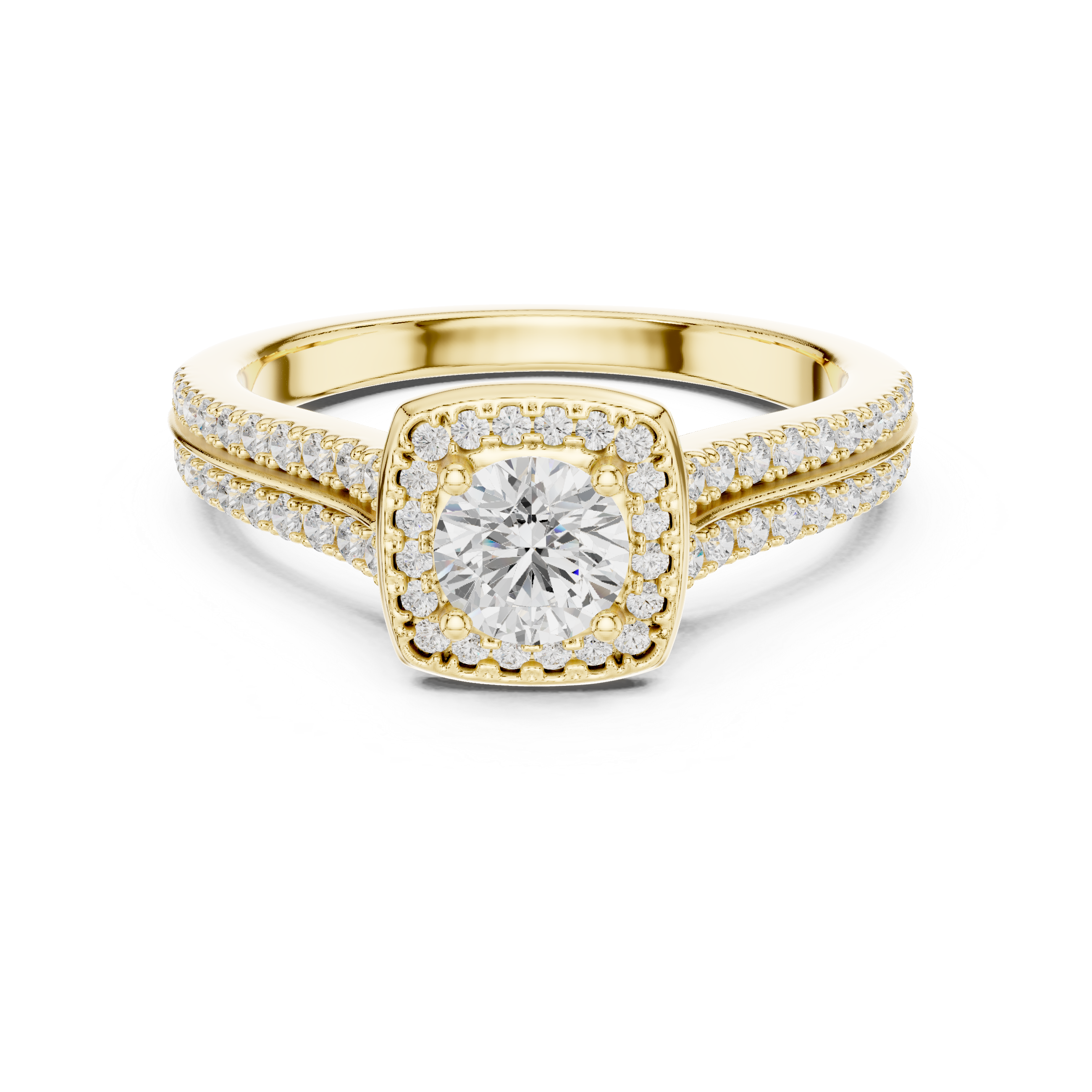White Gold Round Halo Diamond Ring with Double Pave Band