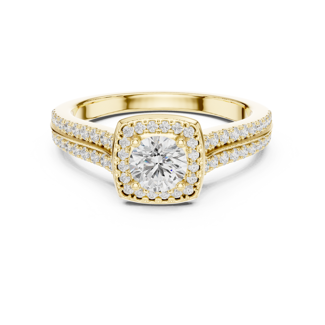 White Gold Round Halo Diamond Ring with Double Pave Band