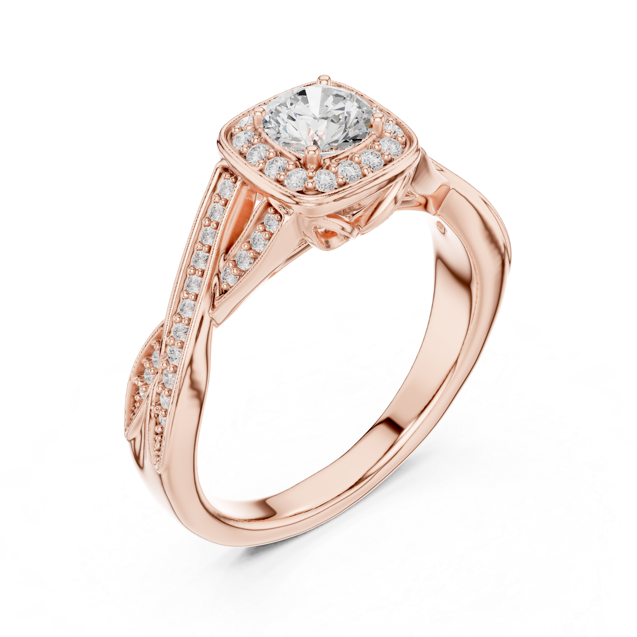 Unique Criss Cross Halo Engagement Ring with Pave Band Detail