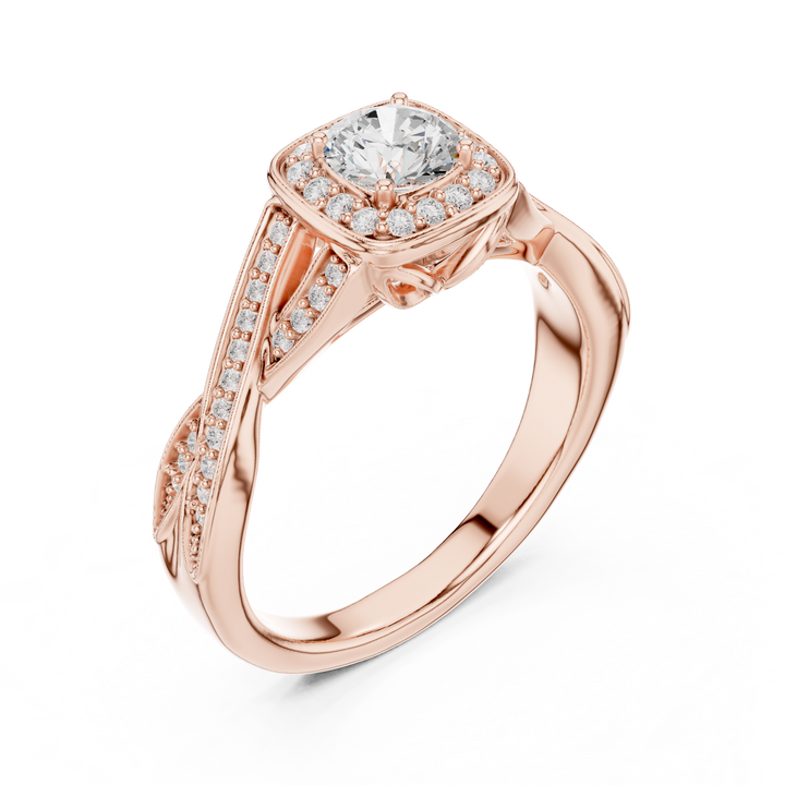 Unique Criss Cross Halo Engagement Ring with Pave Band Detail