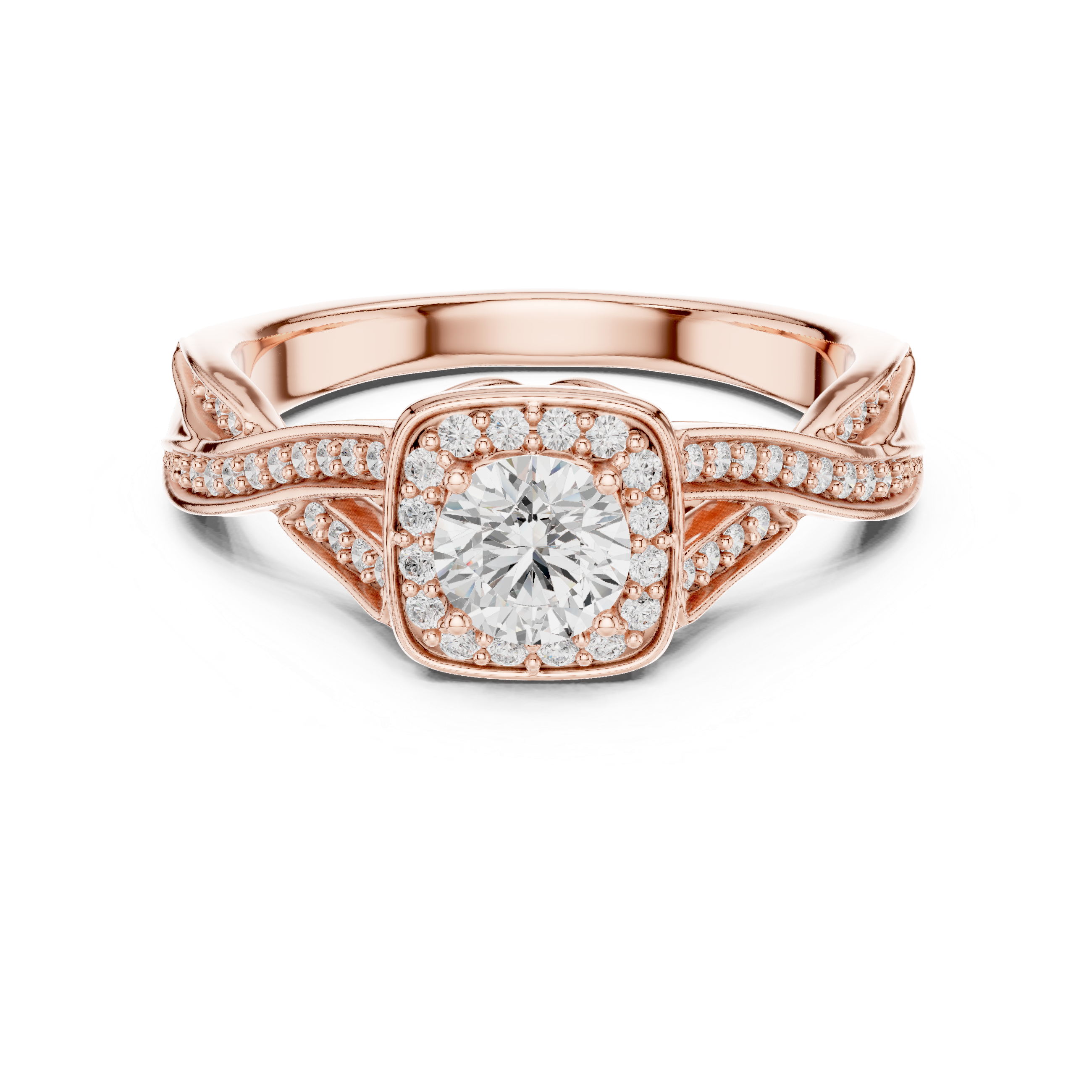 Unique Criss Cross Halo Engagement Ring with Pave Band Detail