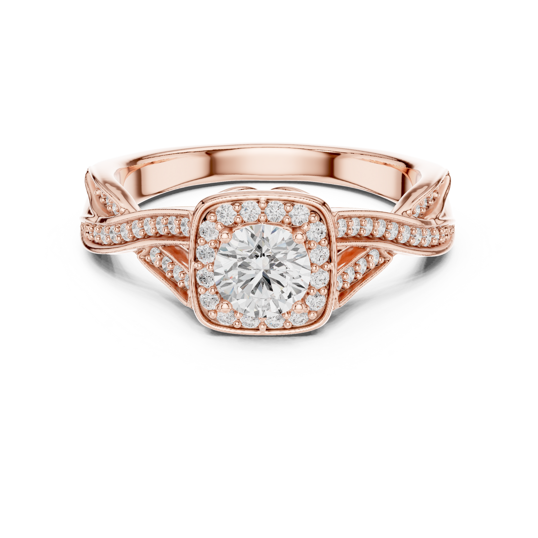Unique Criss Cross Halo Engagement Ring with Pave Band Detail