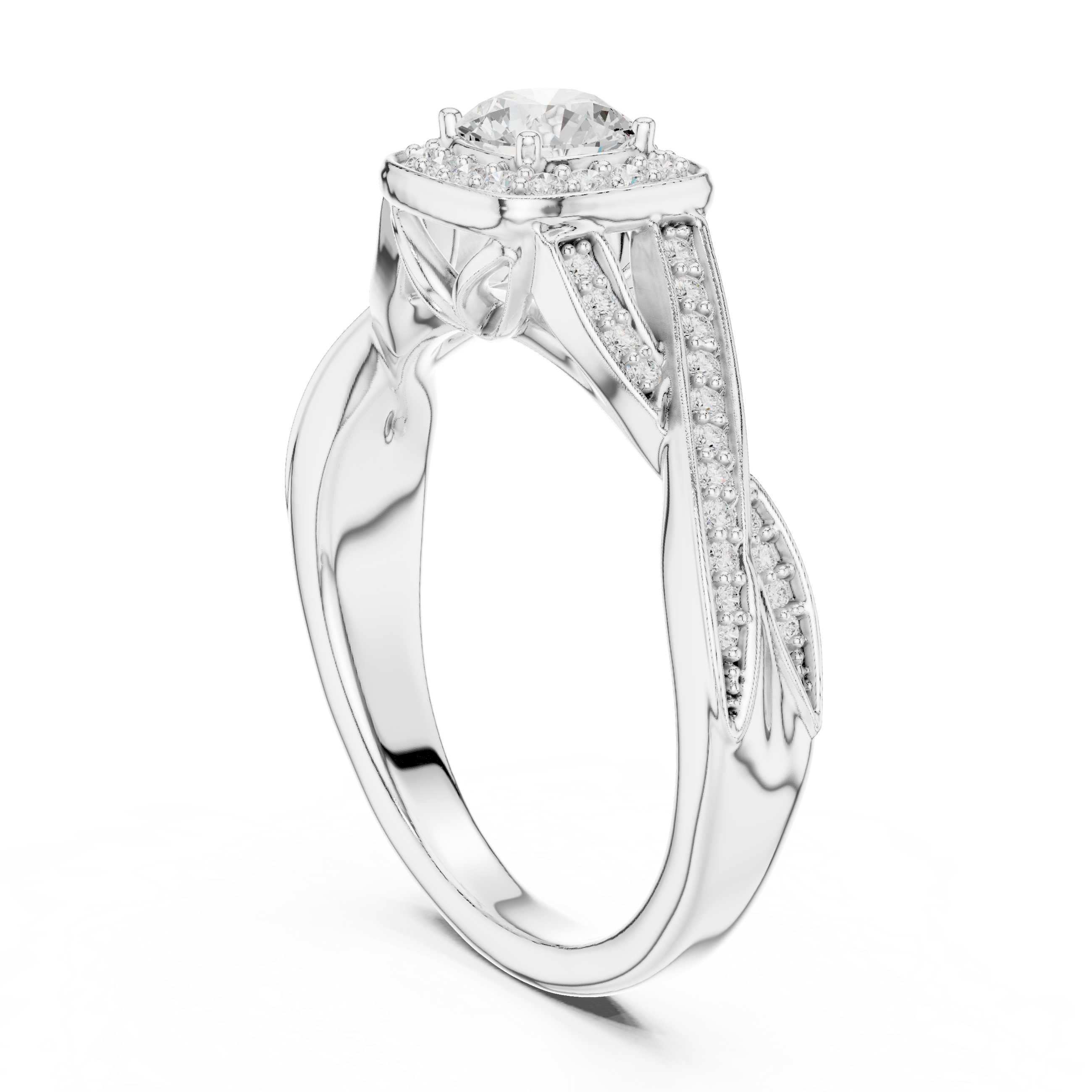Unique Criss Cross Halo Engagement Ring with Pave Band Detail