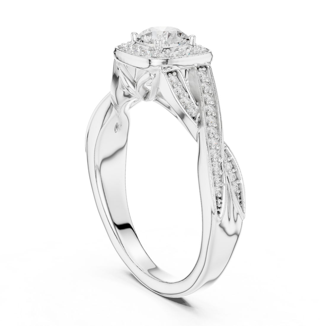 Unique Criss Cross Halo Engagement Ring with Pave Band Detail