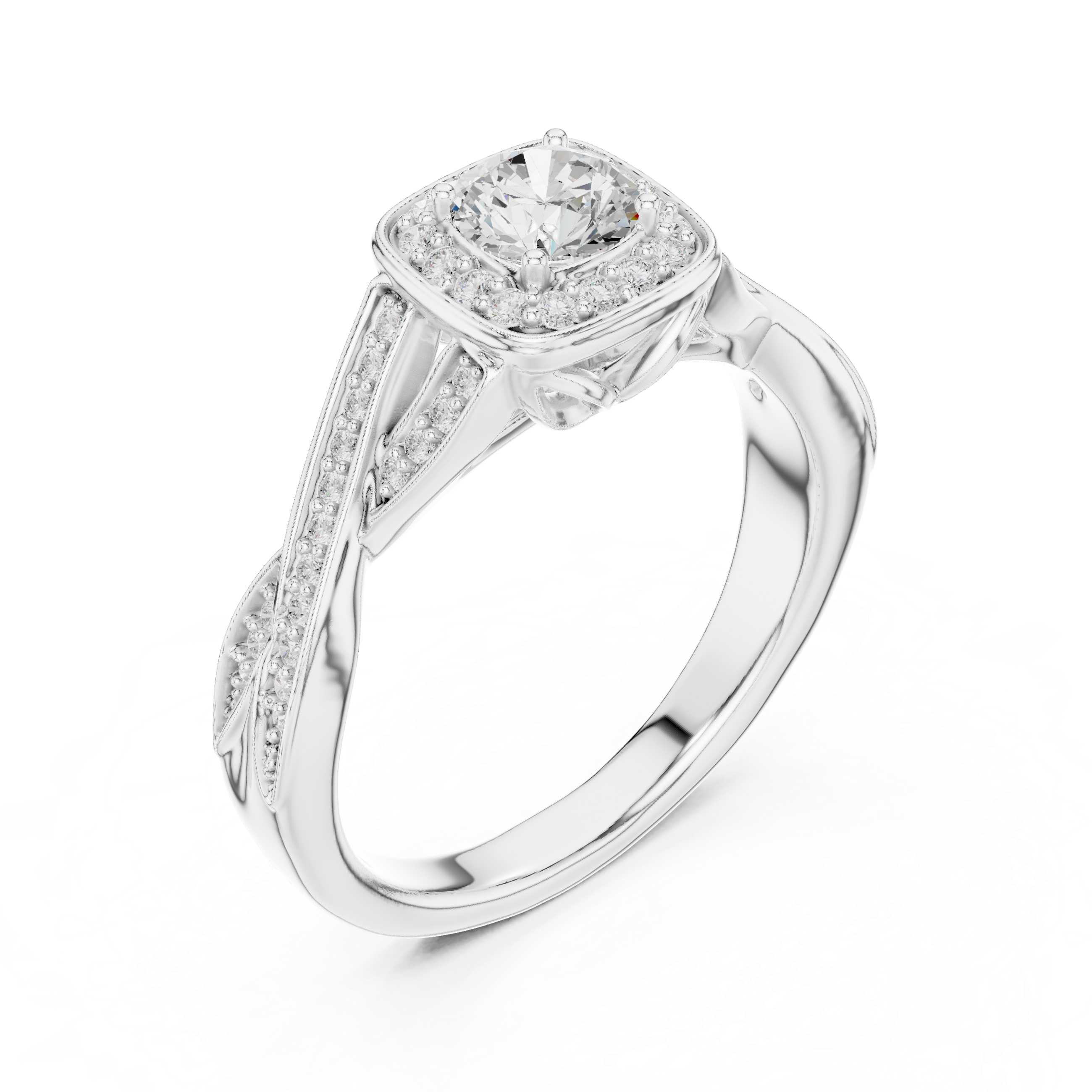 Unique Criss Cross Halo Engagement Ring with Pave Band Detail