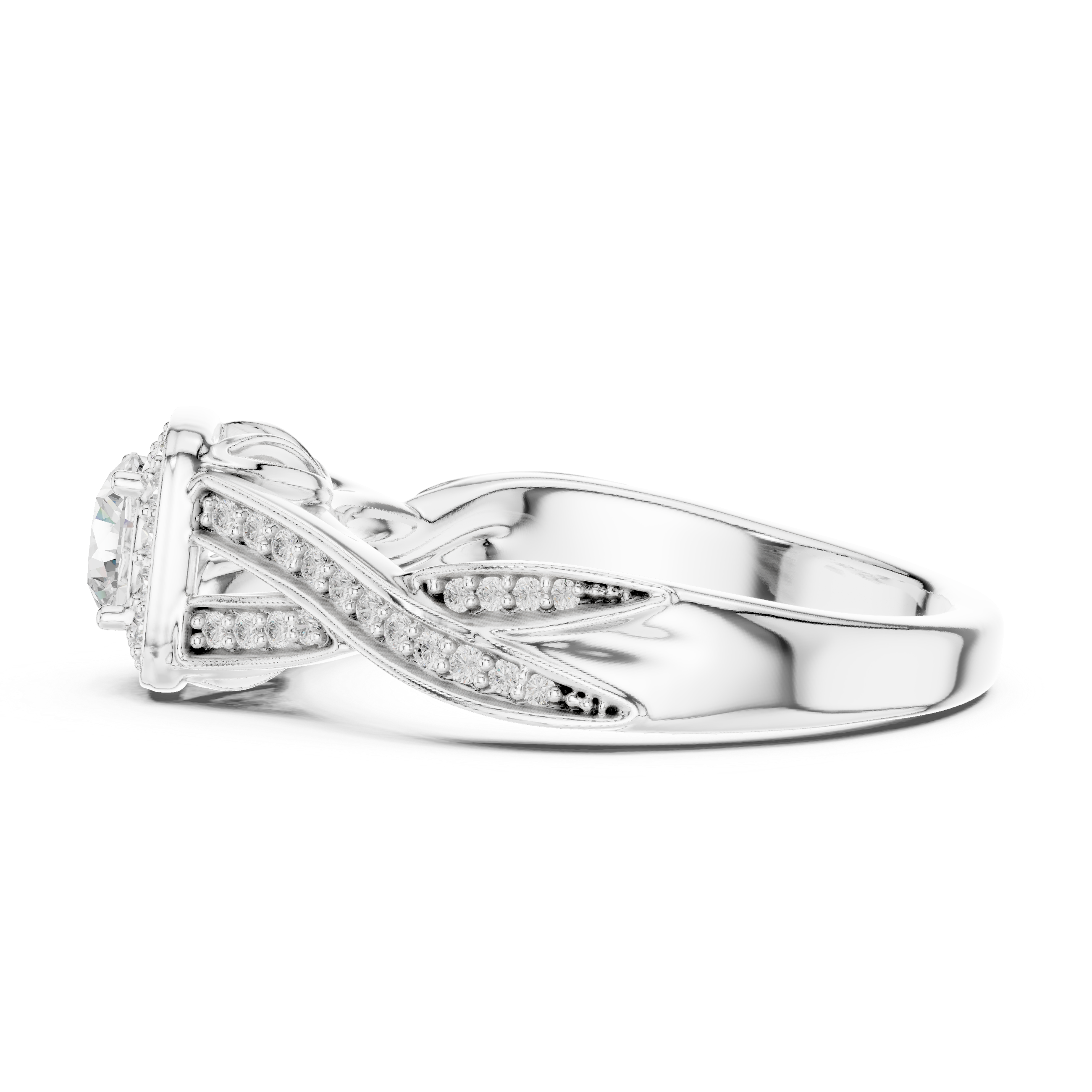 Unique Criss Cross Halo Engagement Ring with Pave Band Detail