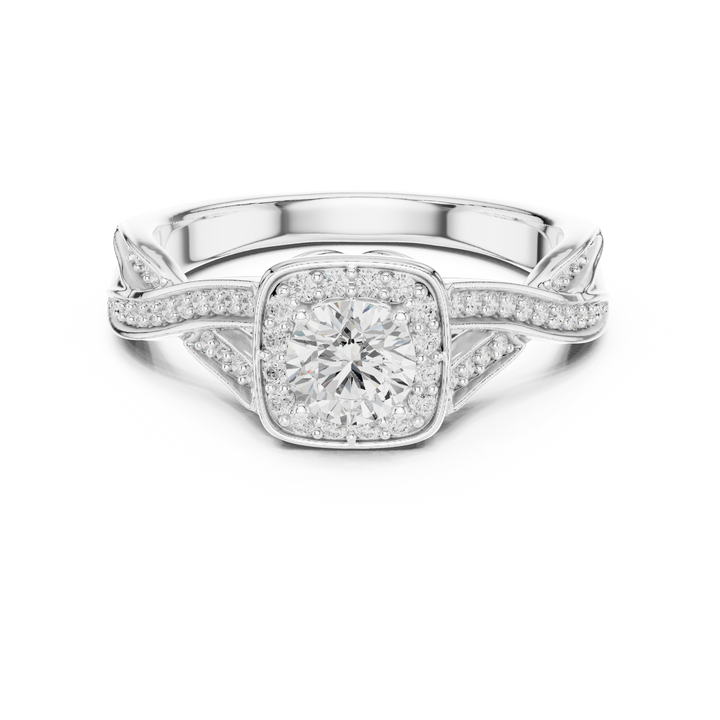 Unique Criss Cross Halo Engagement Ring with Pave Band Detail