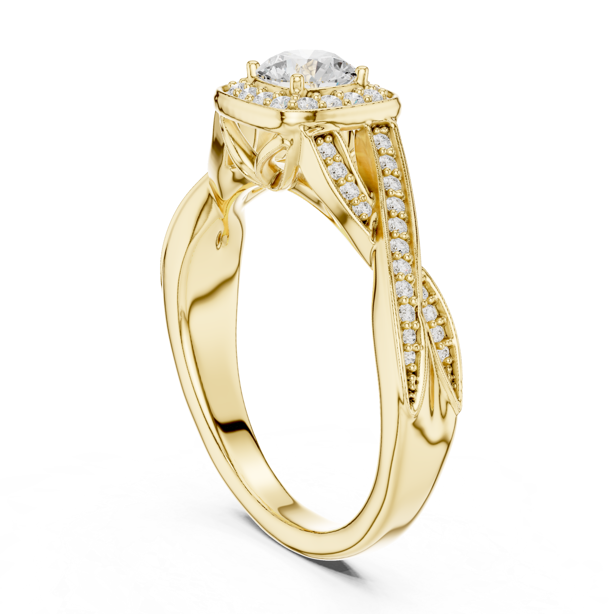 Unique Criss Cross Halo Engagement Ring with Pave Band Detail