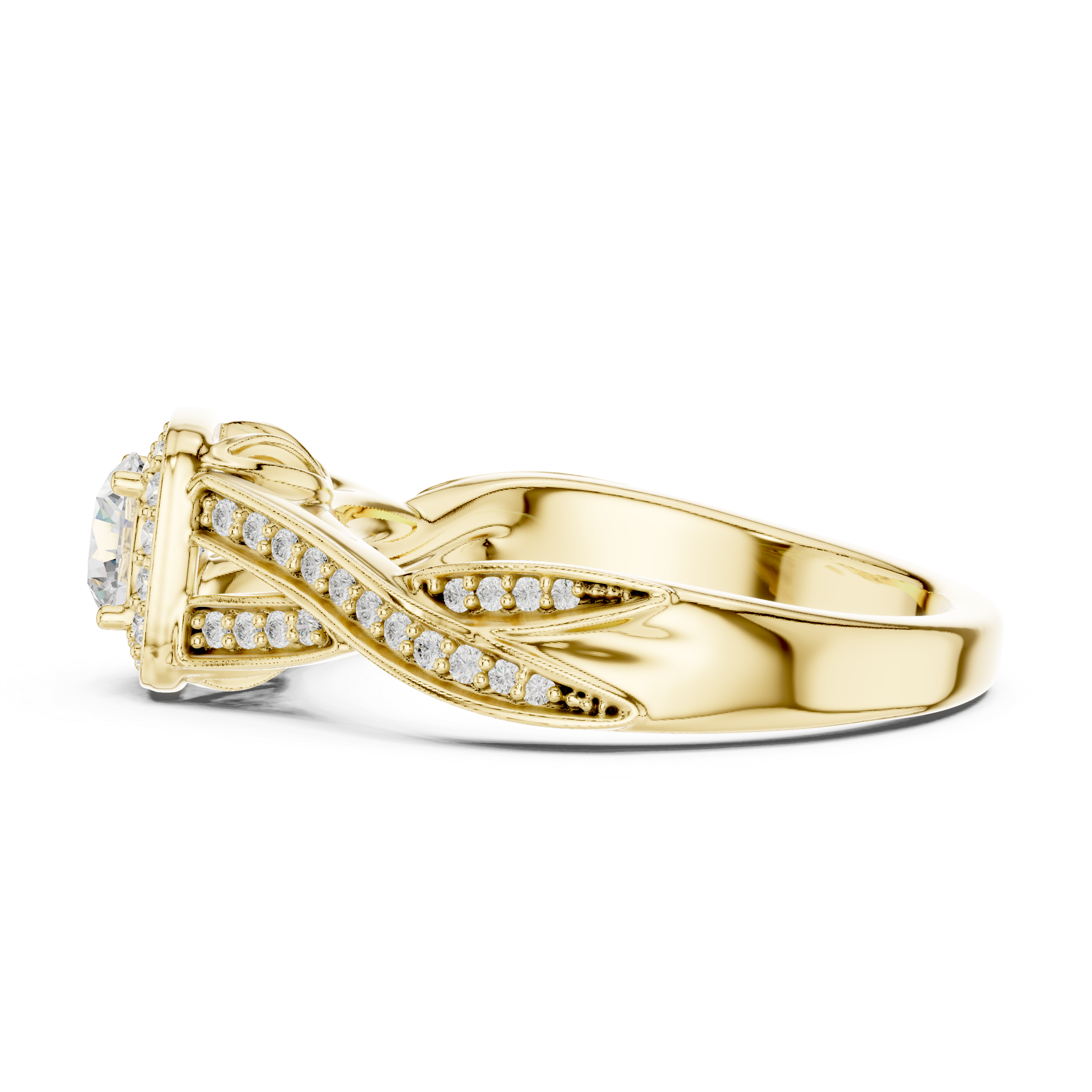Unique Criss Cross Halo Engagement Ring with Pave Band Detail