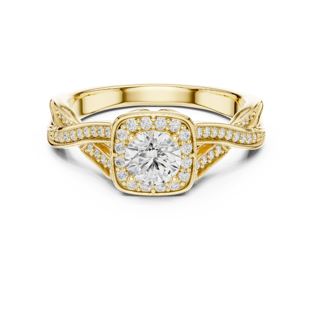 Unique Criss Cross Halo Engagement Ring with Pave Band Detail