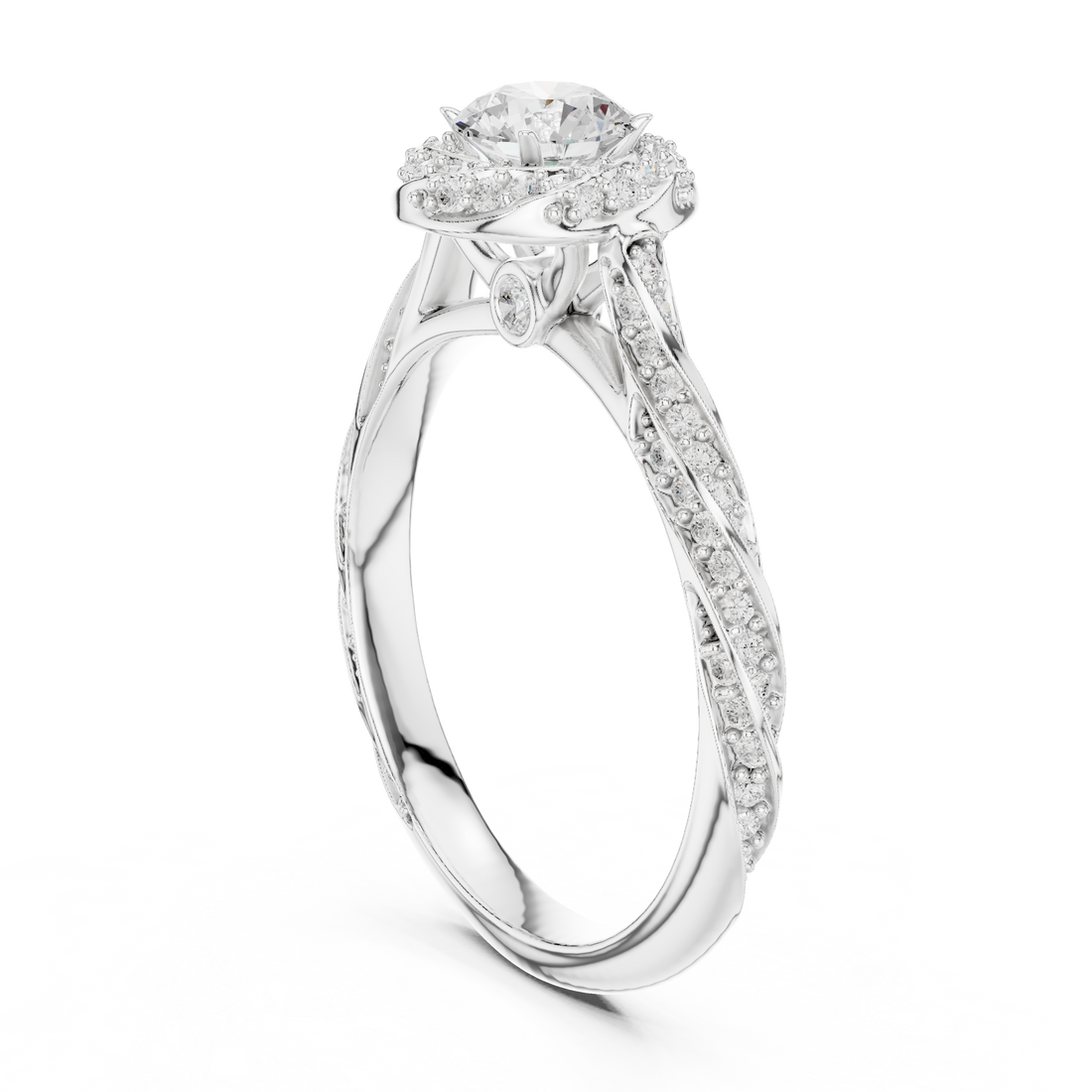 Luxury Infinity Twist Halo Ring with Round Cut Center Stone