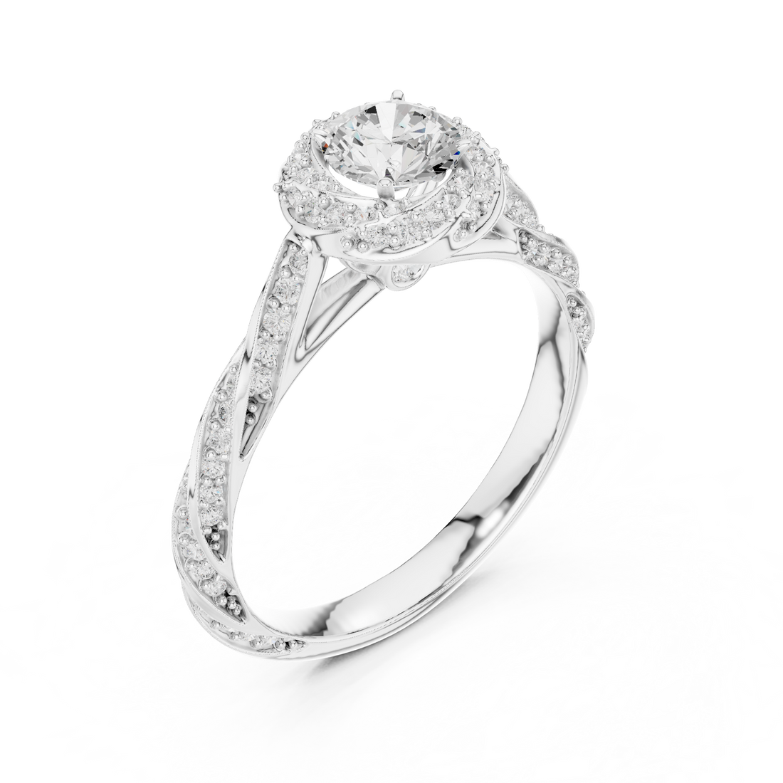 Luxury Infinity Twist Halo Ring with Round Cut Center Stone