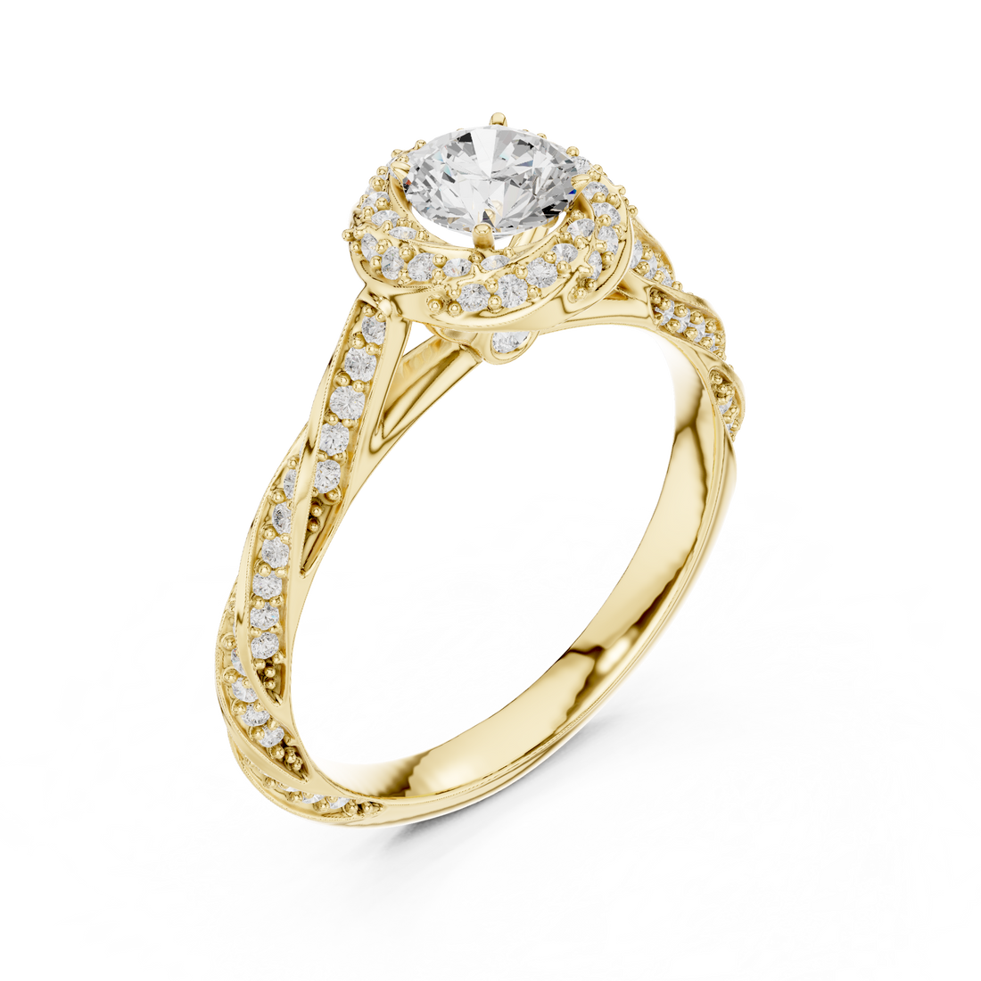 Luxury Infinity Twist Halo Ring with Round Cut Center Stone
