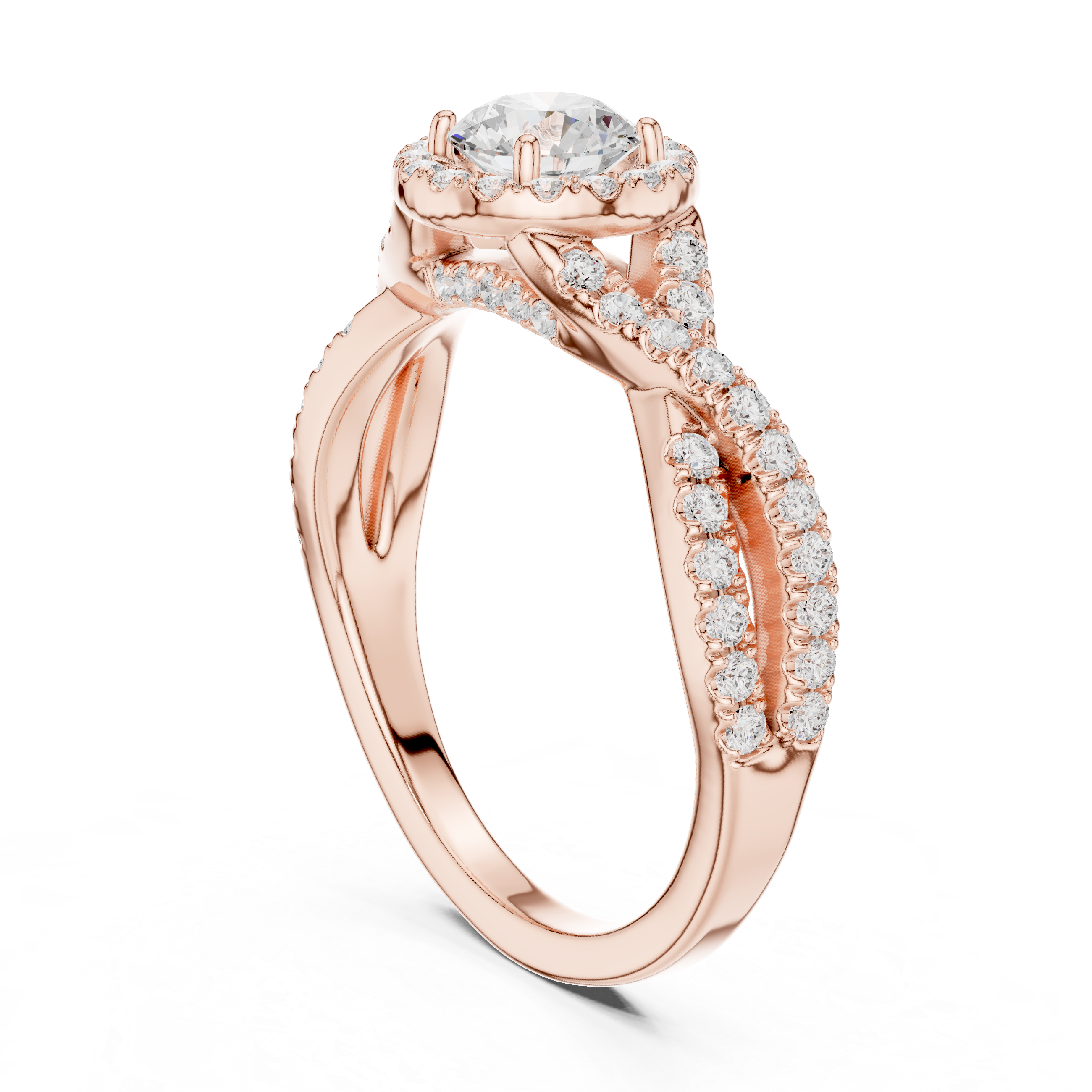 Crossover Loop Halo Diamond Ring with Brilliant Round Center