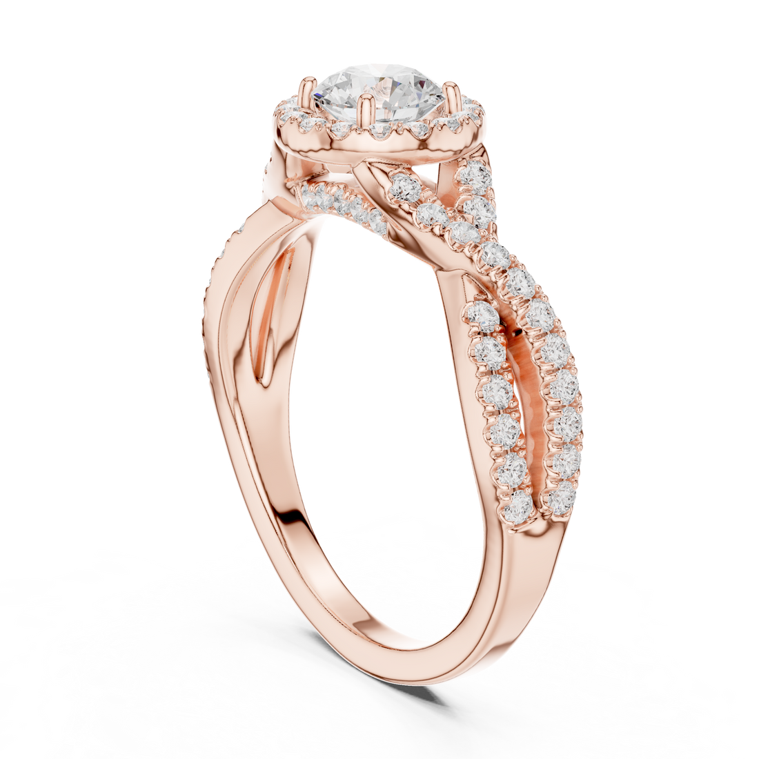 Crossover Loop Halo Diamond Ring with Brilliant Round Center
