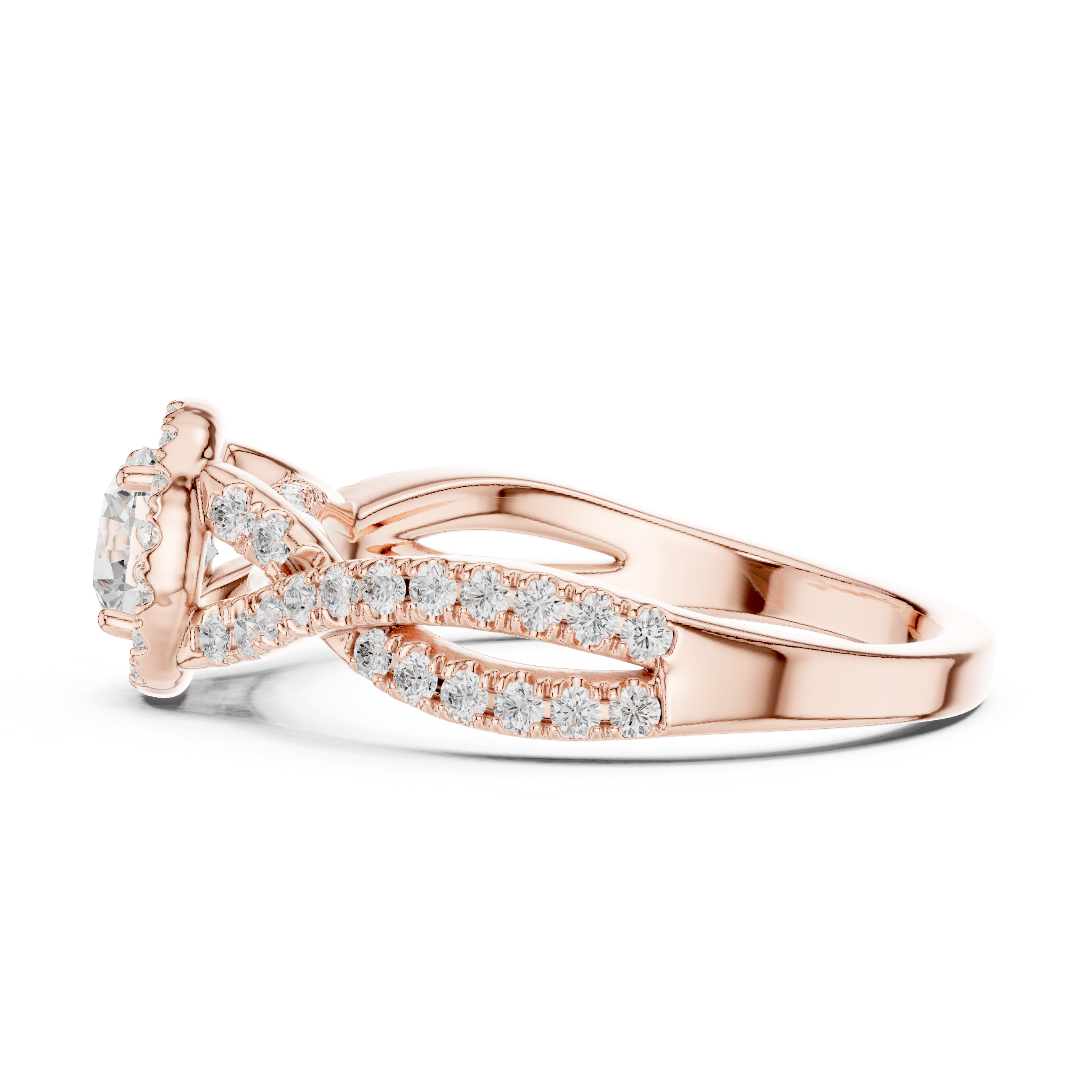 Crossover Loop Halo Diamond Ring with Brilliant Round Center