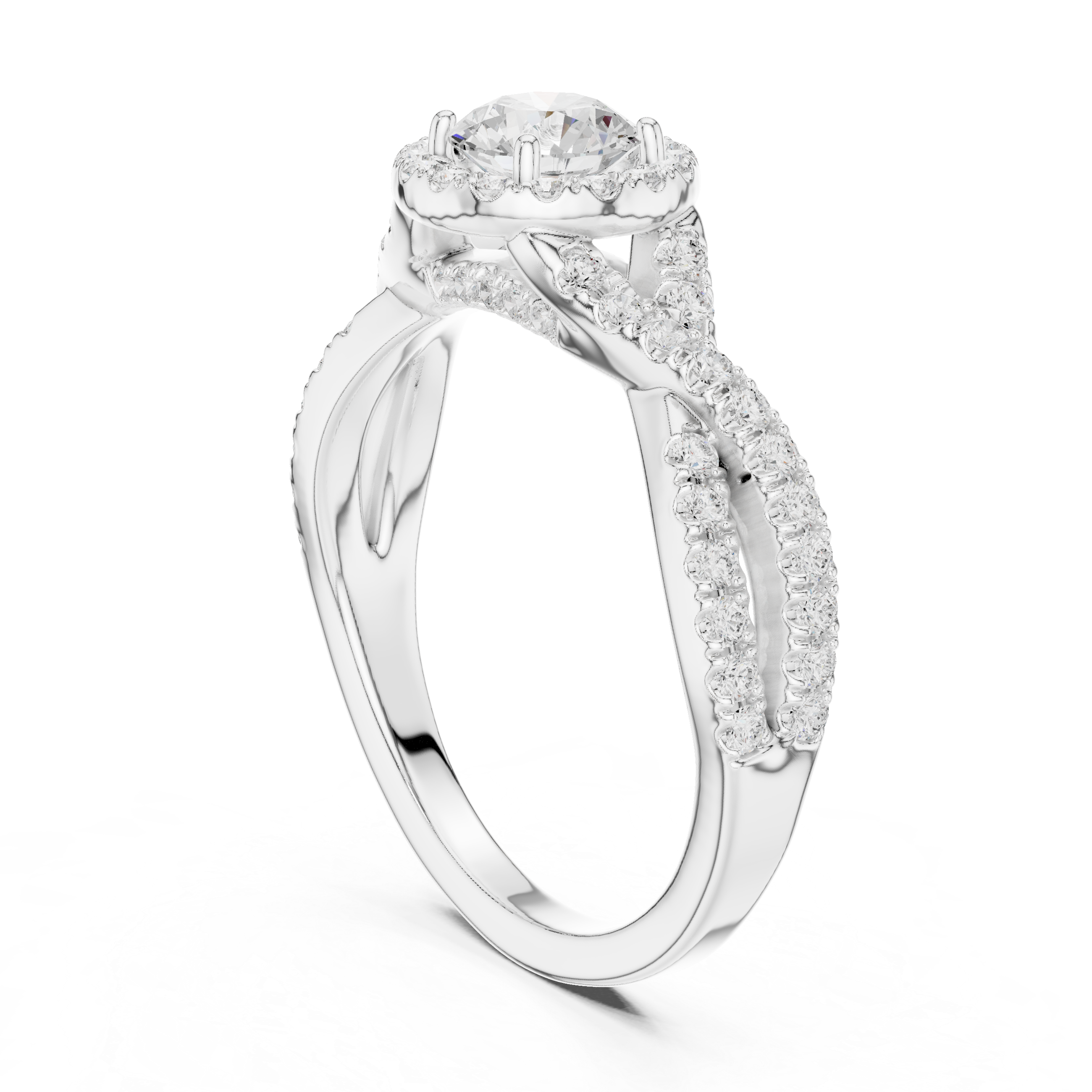 Crossover Loop Halo Diamond Ring with Brilliant Round Center