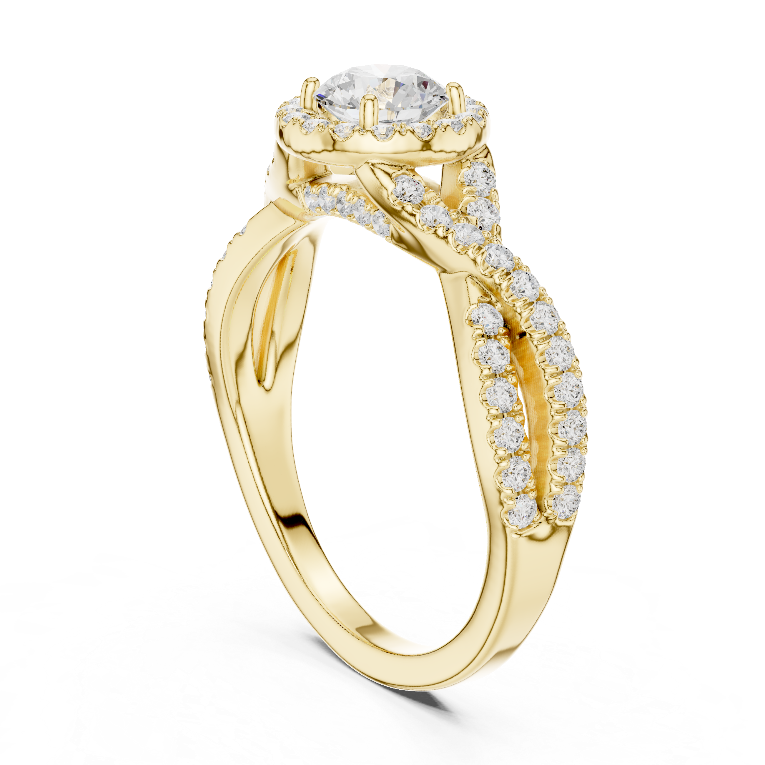 Crossover Loop Halo Diamond Ring with Brilliant Round Center
