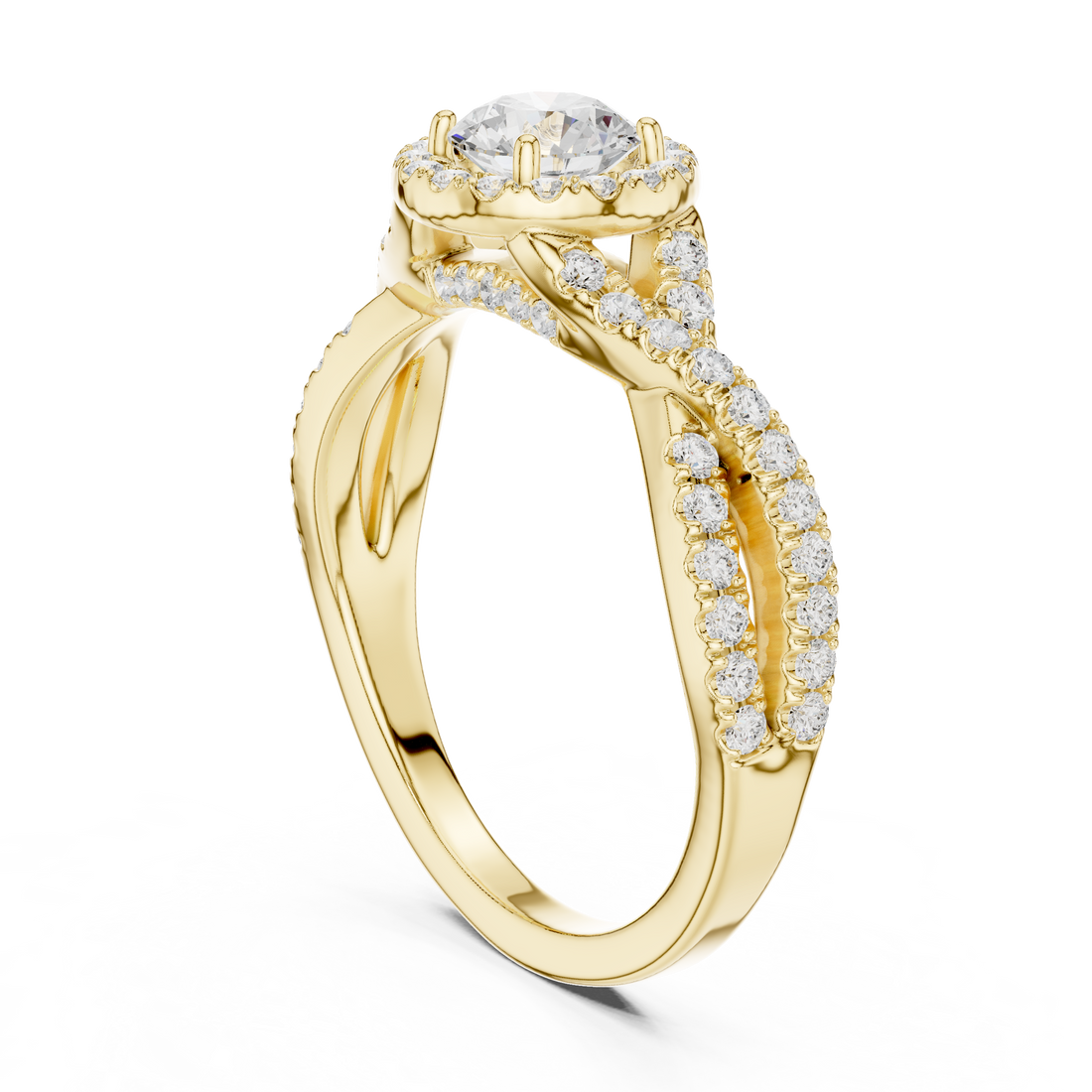 Crossover Loop Halo Diamond Ring with Brilliant Round Center