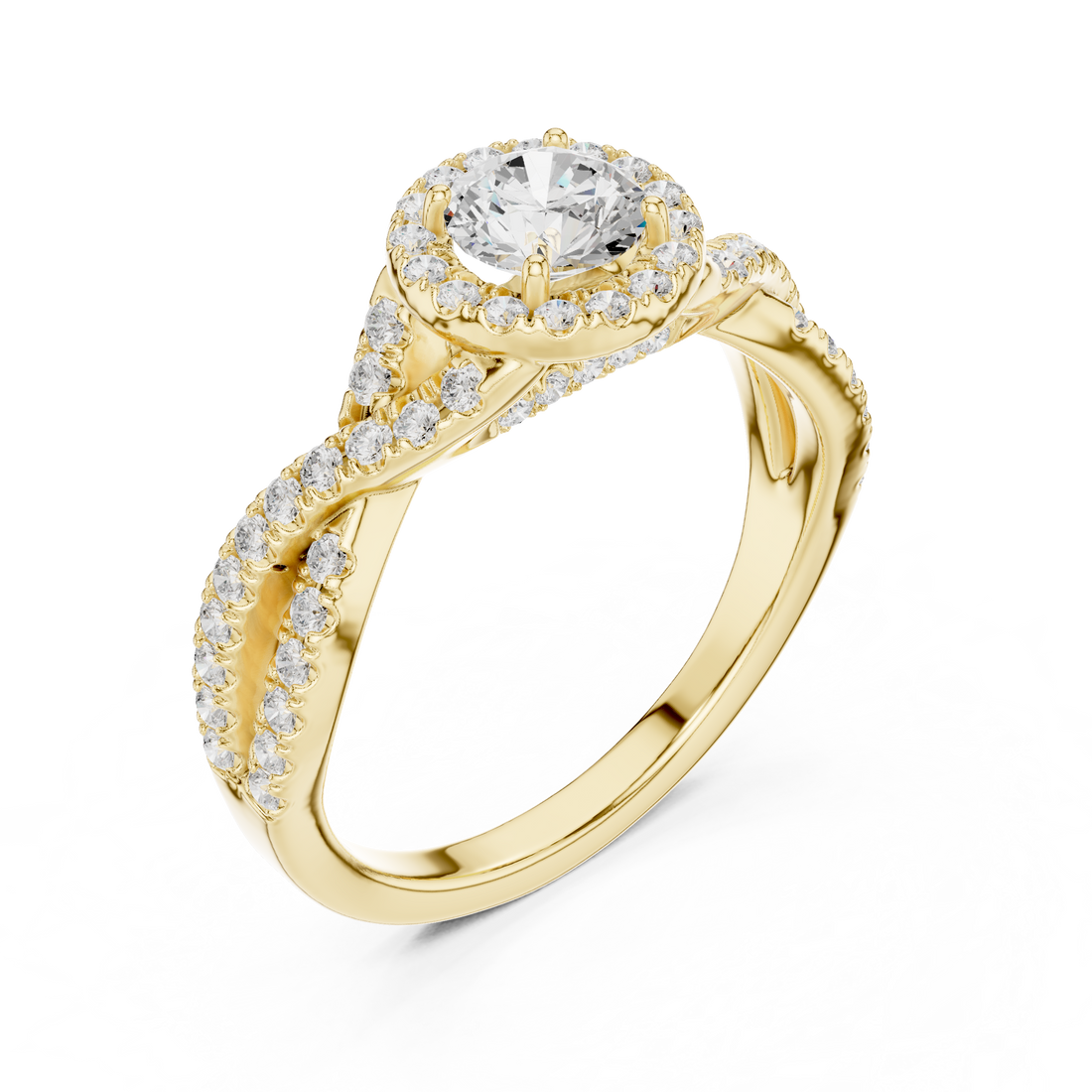 Crossover Loop Halo Diamond Ring with Brilliant Round Center