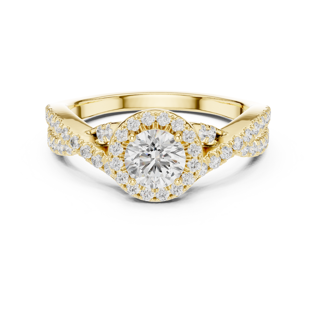 Crossover Loop Halo Diamond Ring with Brilliant Round Center