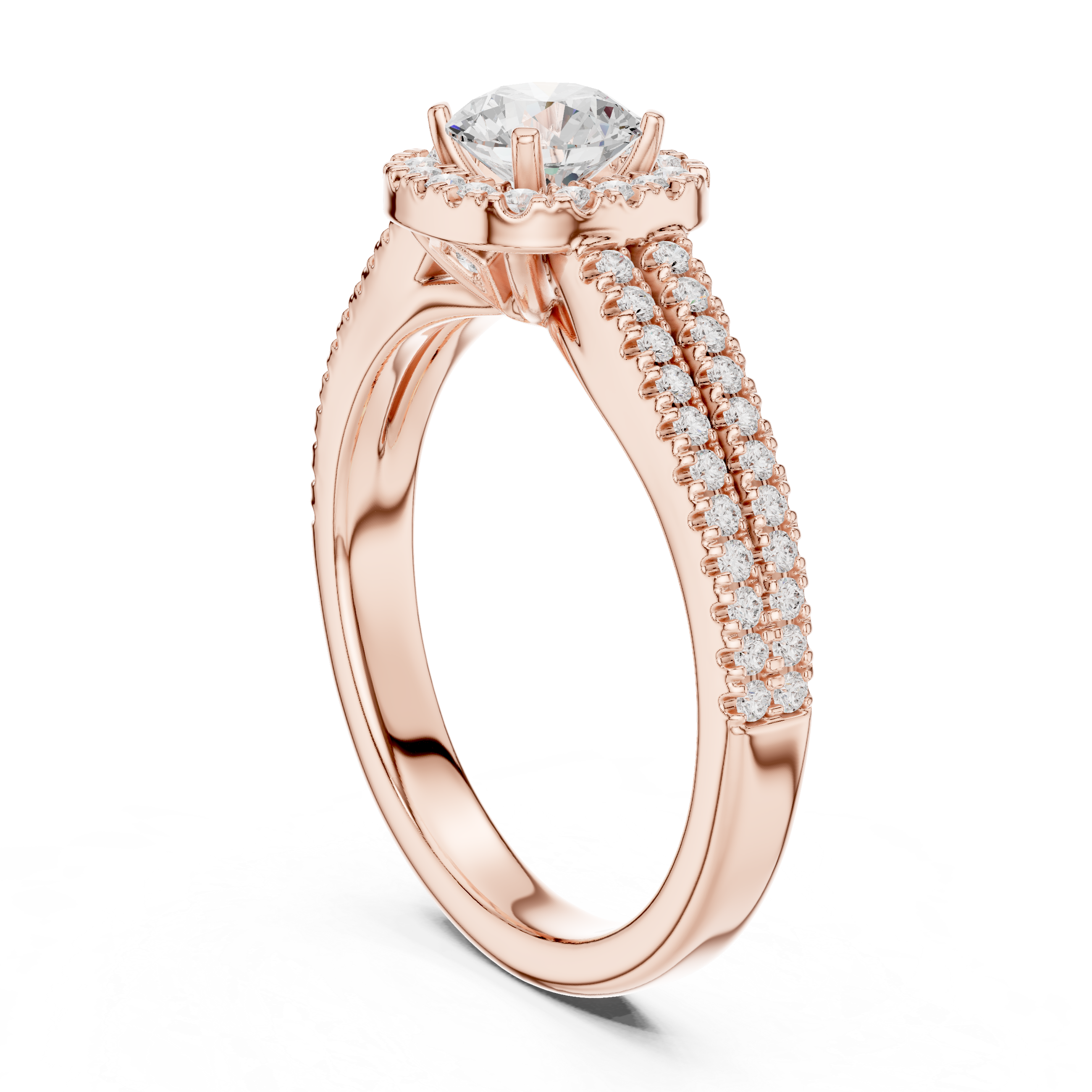 Stunning Round Halo Ring with Split Pave Shank for Her