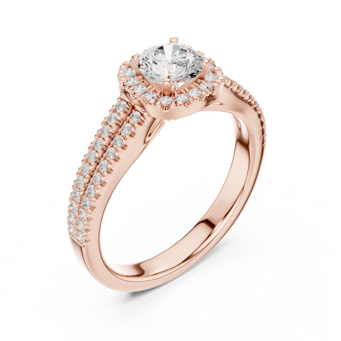 Stunning Round Halo Ring with Split Pave Shank for Her