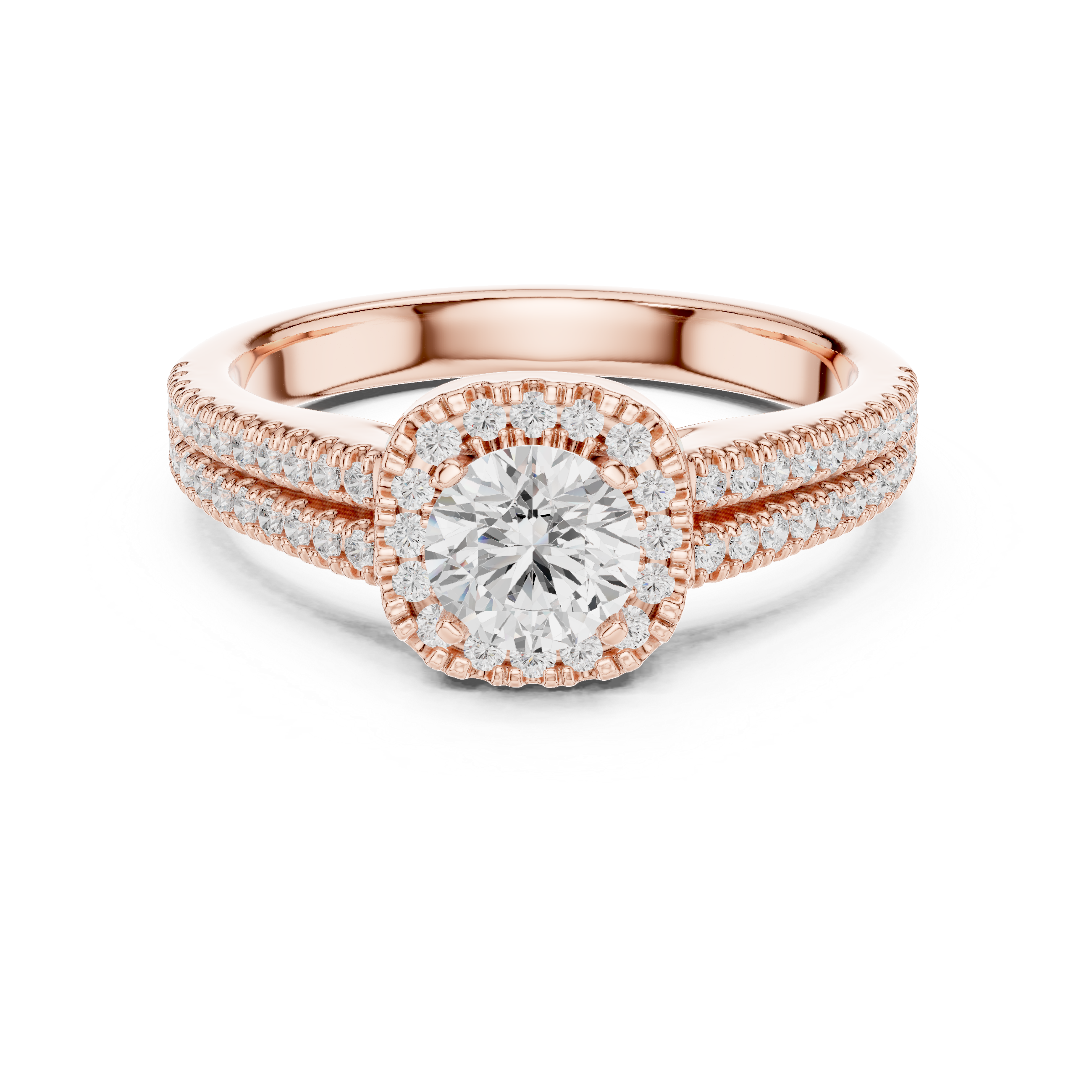 Stunning Round Halo Ring with Split Pave Shank for Her
