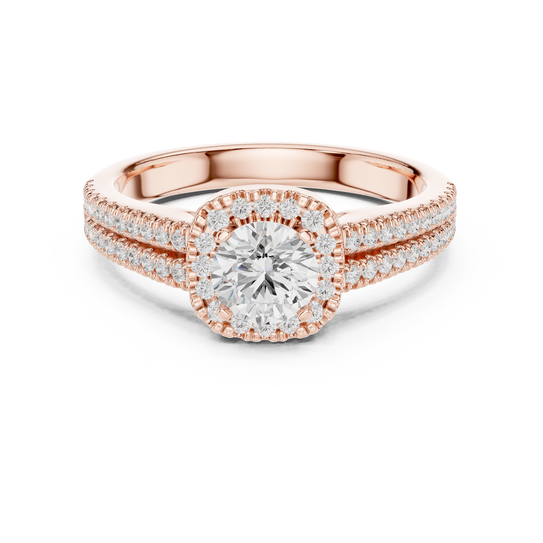 Stunning Round Halo Ring with Split Pave Shank for Her