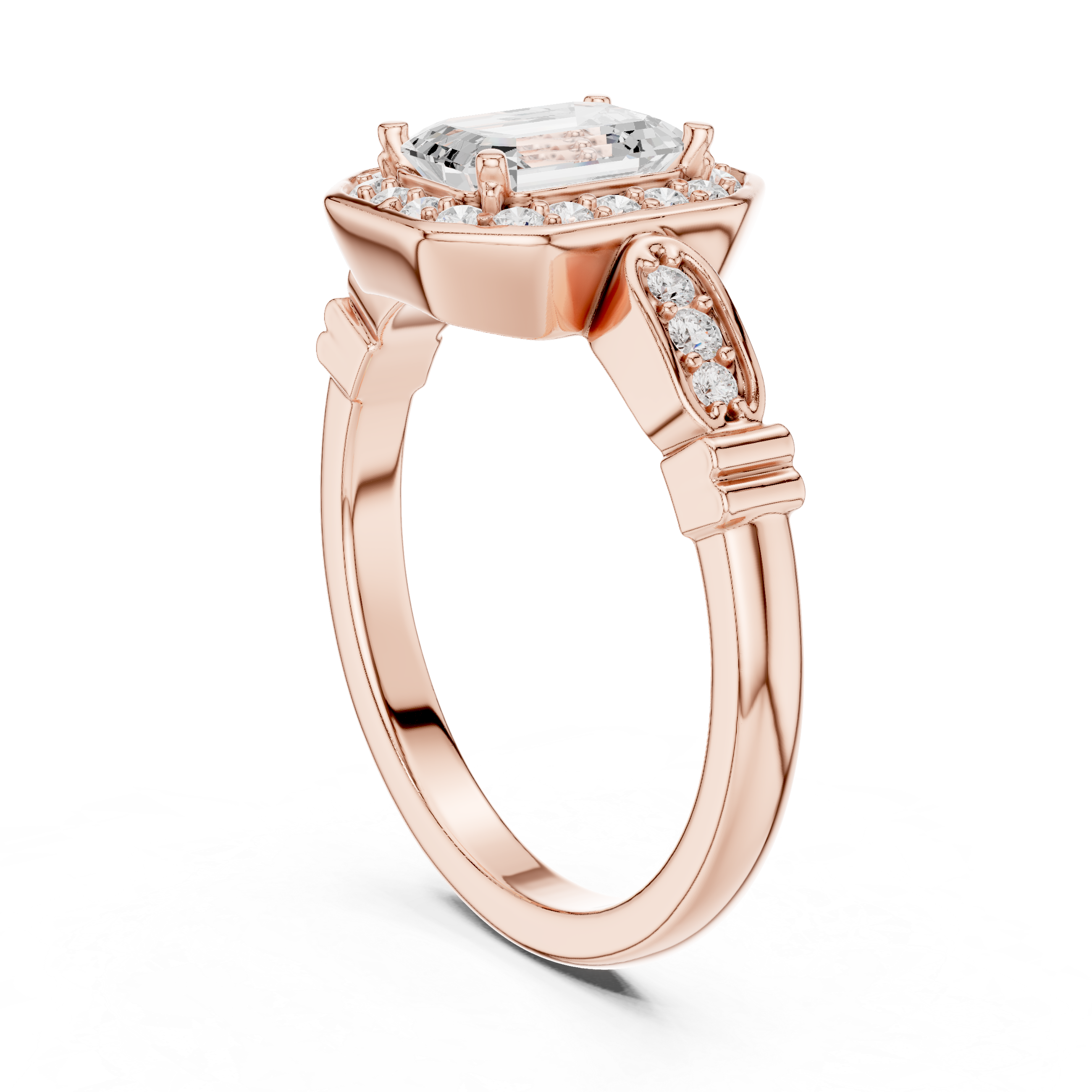 Vintage Style Emerald Cut Halo Ring with Rose Gold Finish