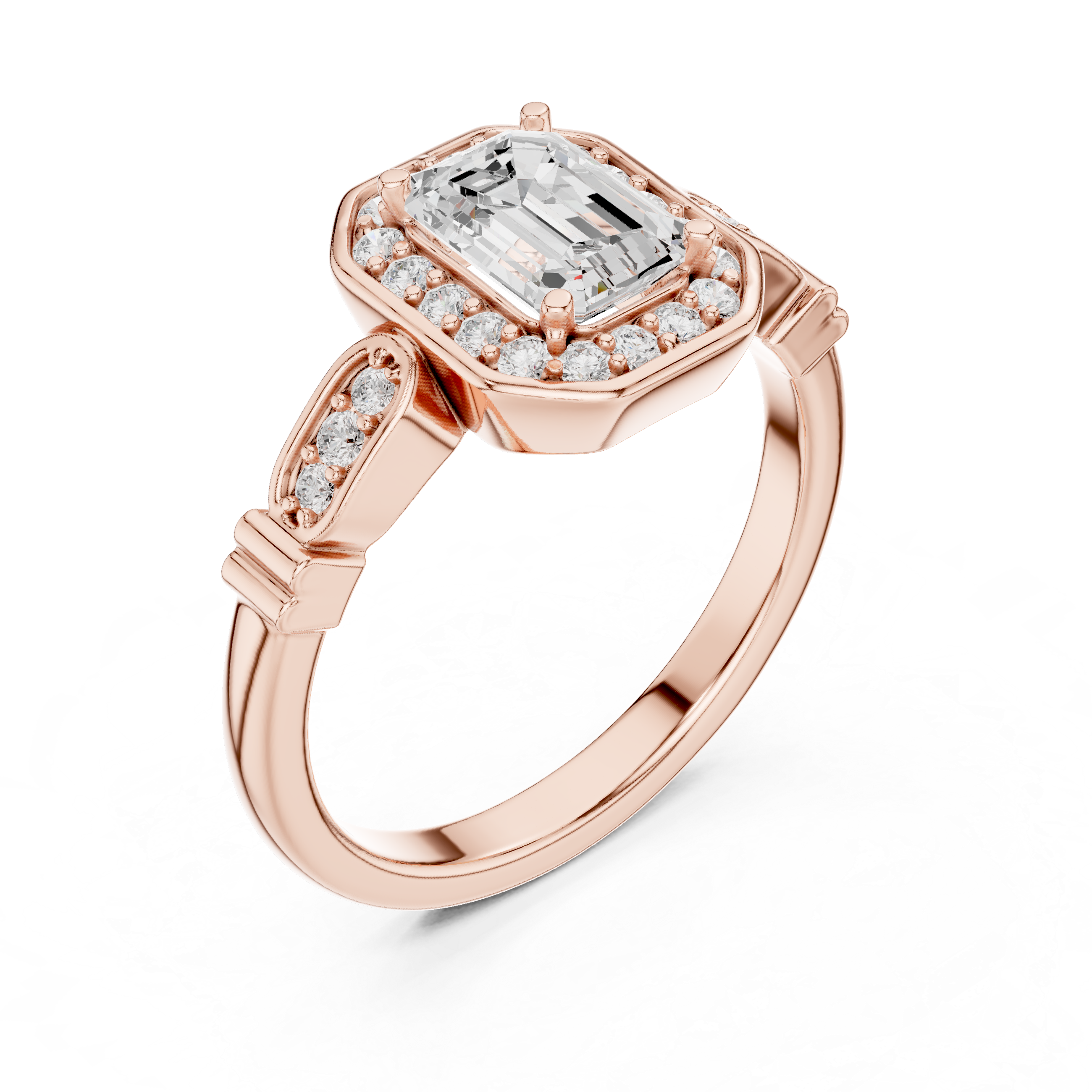 Vintage Style Emerald Cut Halo Ring with Rose Gold Finish