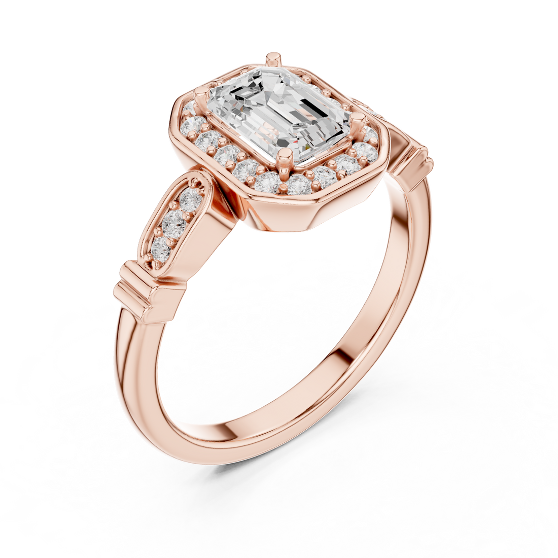 Vintage Style Emerald Cut Halo Ring with Rose Gold Finish