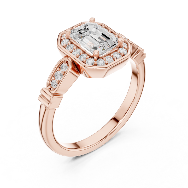 Vintage Style Emerald Cut Halo Ring with Rose Gold Finish
